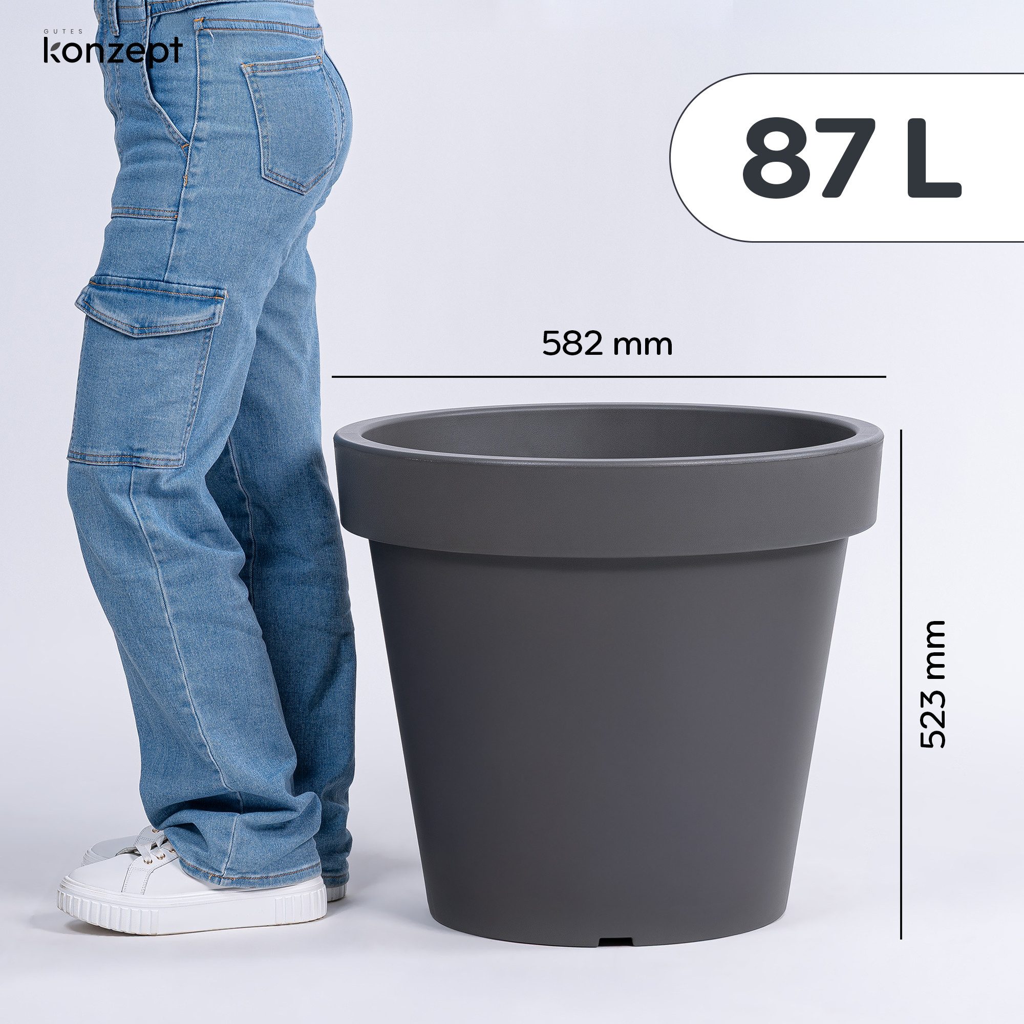 KONZEPT Blumentopf 58 cm Durchmesser, H 52 cm, 87 L in konischer Form, aus Kunststoff, Geprägtem Rand, Konische Form, Stapelbar, Volumen: 87 L