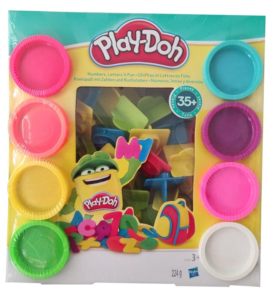 Play-Doh Knete Hasbro Play-Doh Knete-Set mit Zahlen u. Buchstaben (Packung,  43-tlg., Im Set befindet sich 8 Dosen Knete á 28 g (insgesamt 224 g),  Buchstaben-Förmchen 0-9 und Buchstaben-Förmchen A-Z), mit 8 Dosen