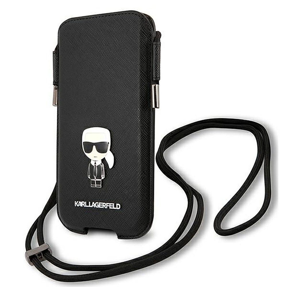 KARL LAGERFELD Handytasche Smartphonetasche Umhängetasche Schutzhülle (Spar-Set, 1-tlg., 18 x 10,5 cm elegant), Saffiano-Struktur, Umhängekordel, Ladeaussparung