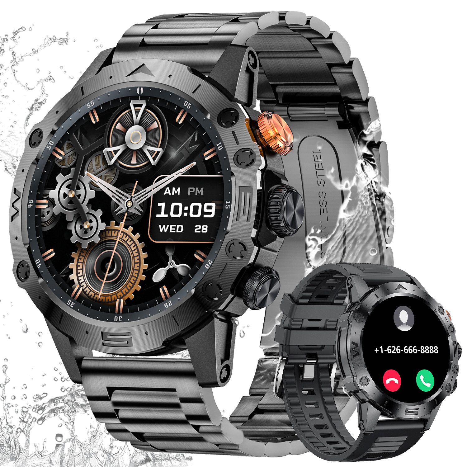 Sanorum Smartwatch Herren mit Telefonfunktion Smartwatch (3.88 cm/1.53 Zoll, Touchscreen und Sprachassistent) mit 24/7 Herzfrequenz, SpO2, Schlafüberwachung, IP68/5ATM Wasserdicht 100+ Sportmodi Fitness Watch, für iOS/Android/Edelstahl & Silikon armbänder