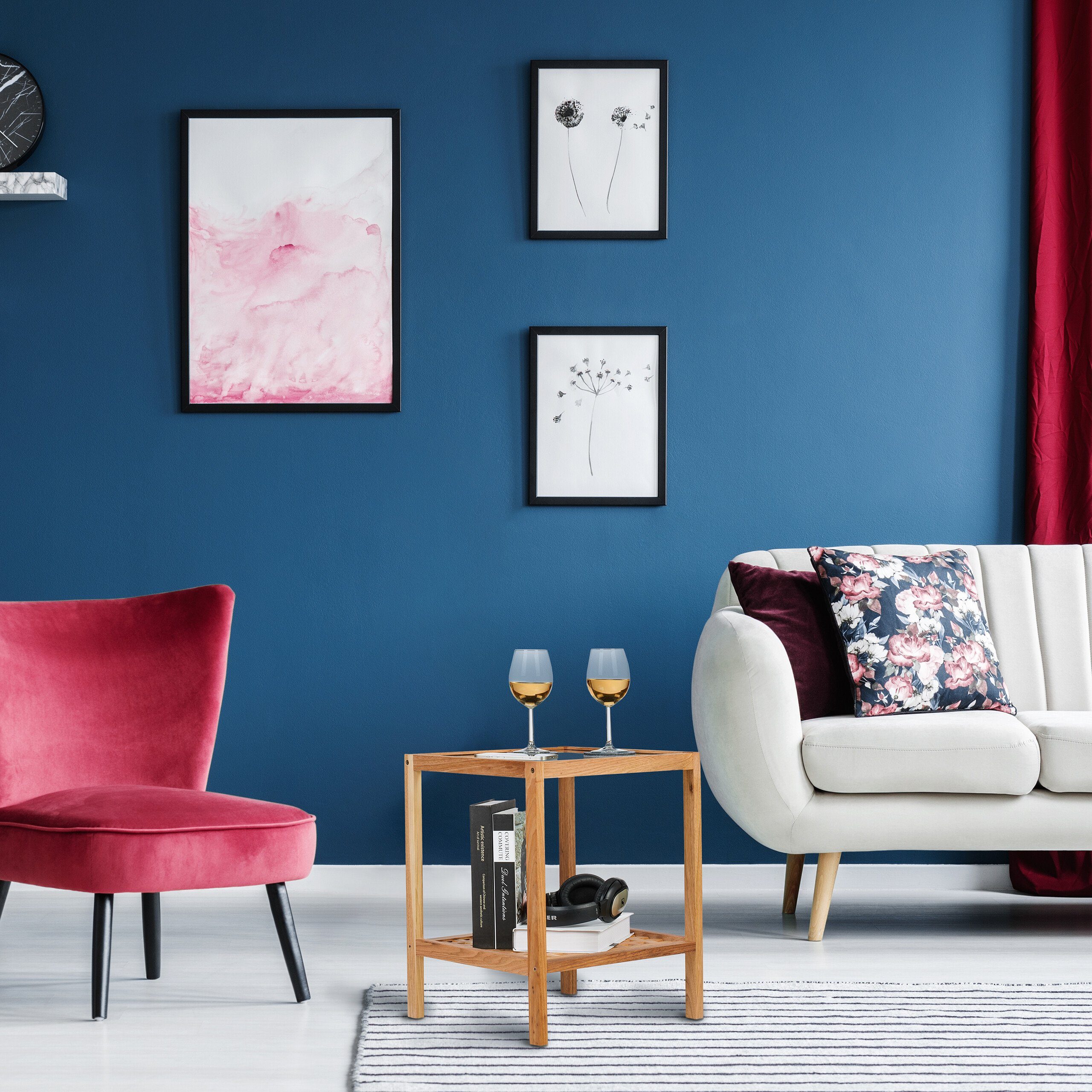 relaxdays Beistelltisch mit Glasablage Walnussholz