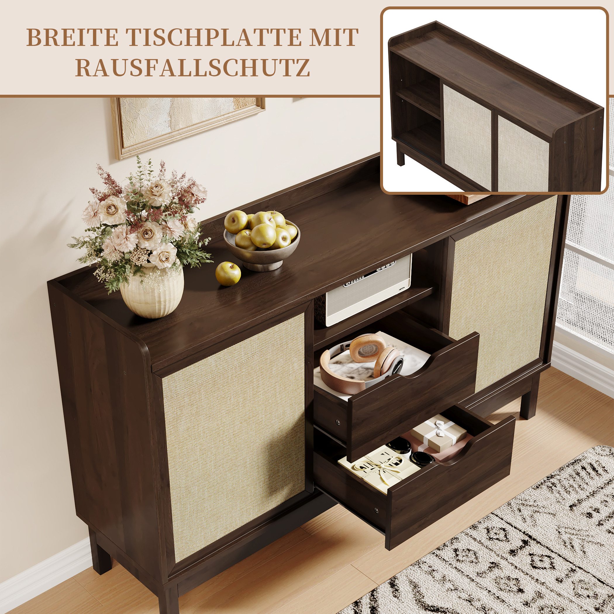 SeedWave Sideboard 150cm Retro Kommode, 2 Schiebetüren mit Stoffgeweben, 2 Schubladen, höhenverstellbare Einlegeböden