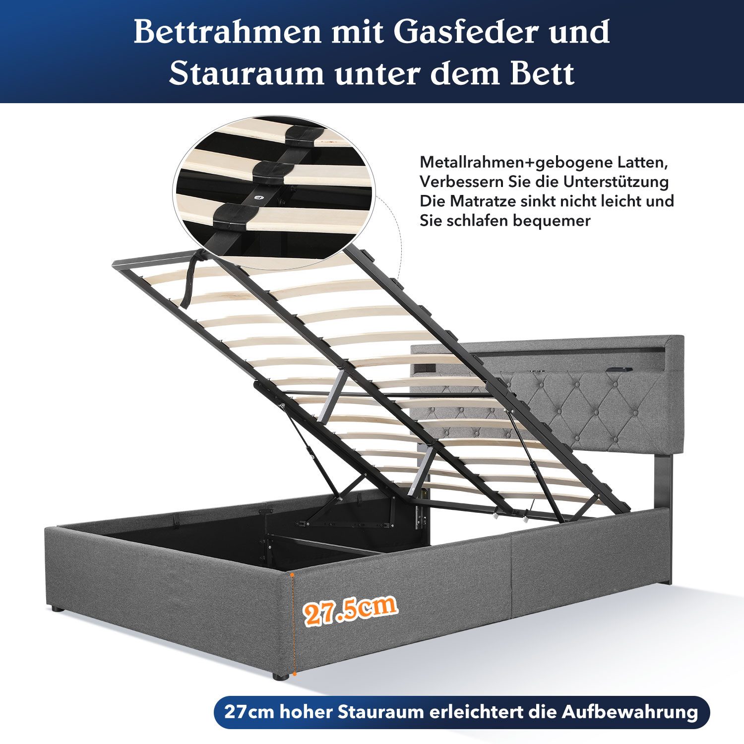 oyajia Polsterbett RGB LED Doppelbett 140x200 cm, anhebbarer Polsterbett St günstig online kaufen
