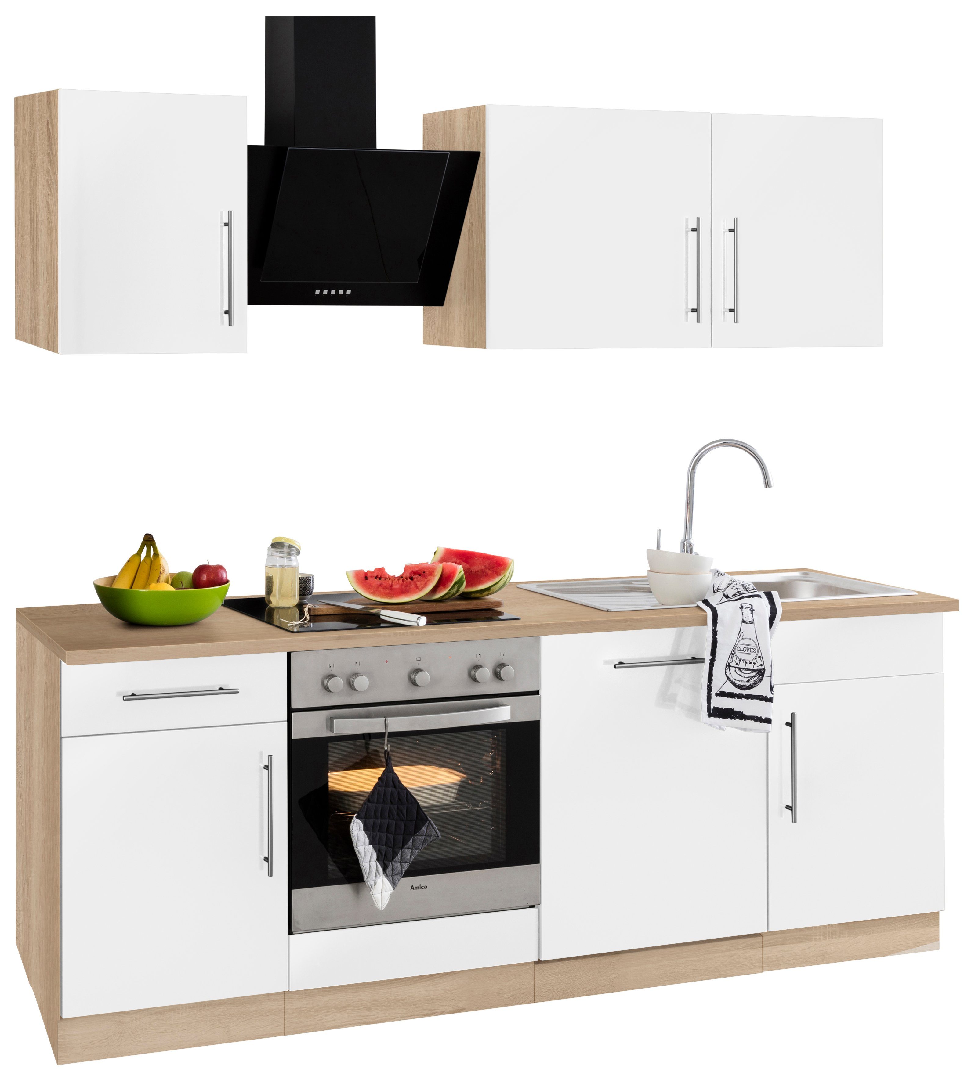 wiho Küchen Küchenzeile Cali, mit E-Geräten, Breite 220 cm mit  Metallgriffen, Beliebig um weitere Schränke erweiterbar, z. B. auch über Eck