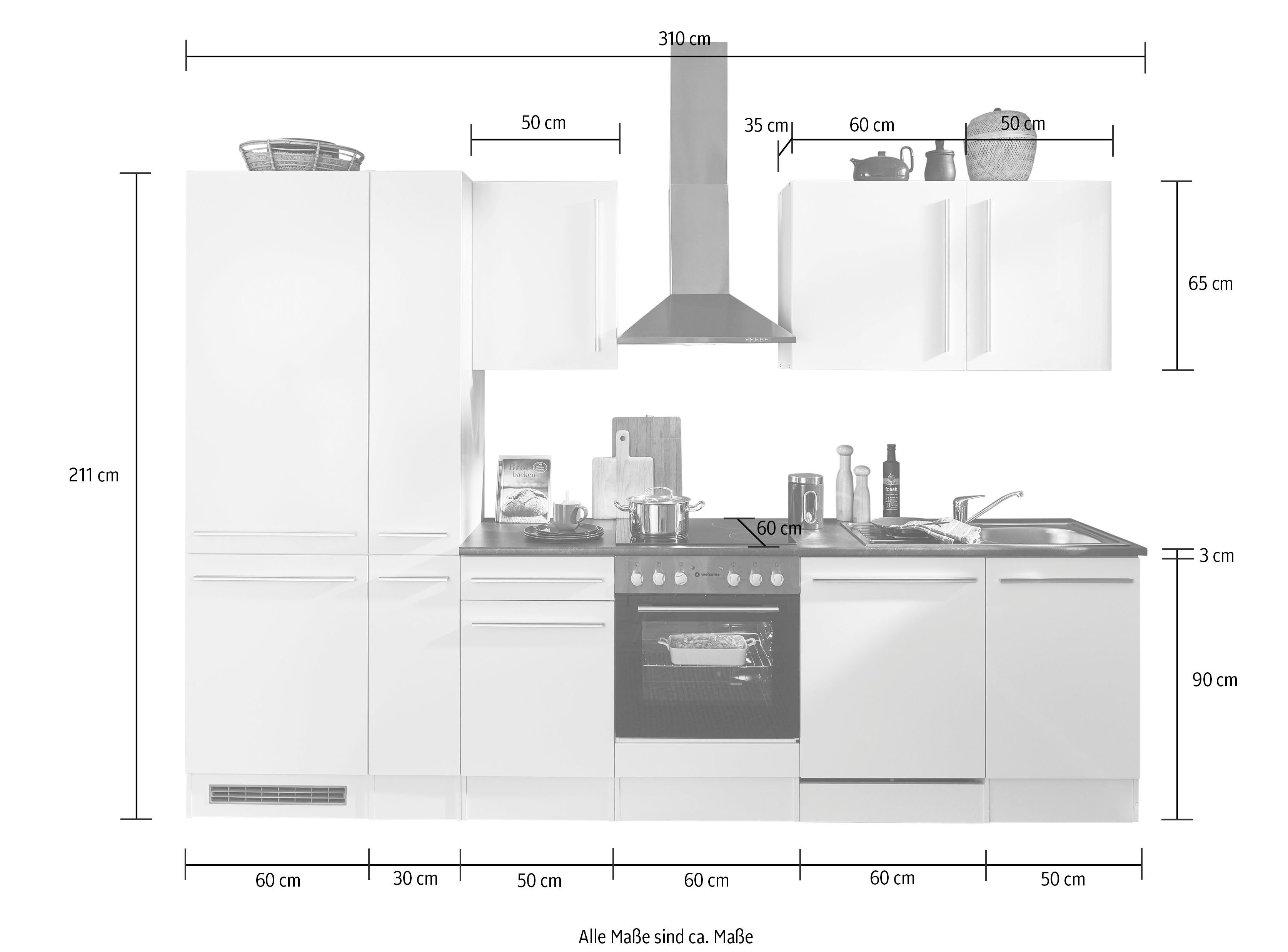 BASIC by Balculina Küchenzeile schwarz E-Geräten 310 MDF schwarz/schwarz-lanzelot cm, Breite eiche mit matt wahlweise Jazz, 