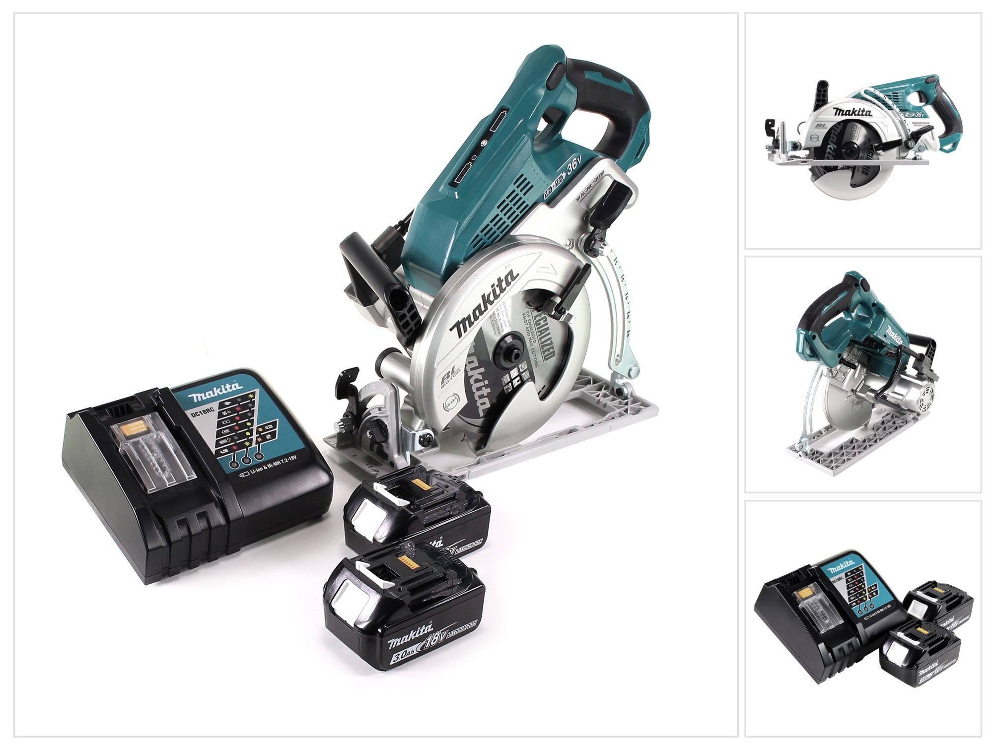 Makita Akku-Handkreissäge DRS 780 RF 36V (2x18V) 185 mm Brushless + 2x Akku 3,0Ah + Ladegerät