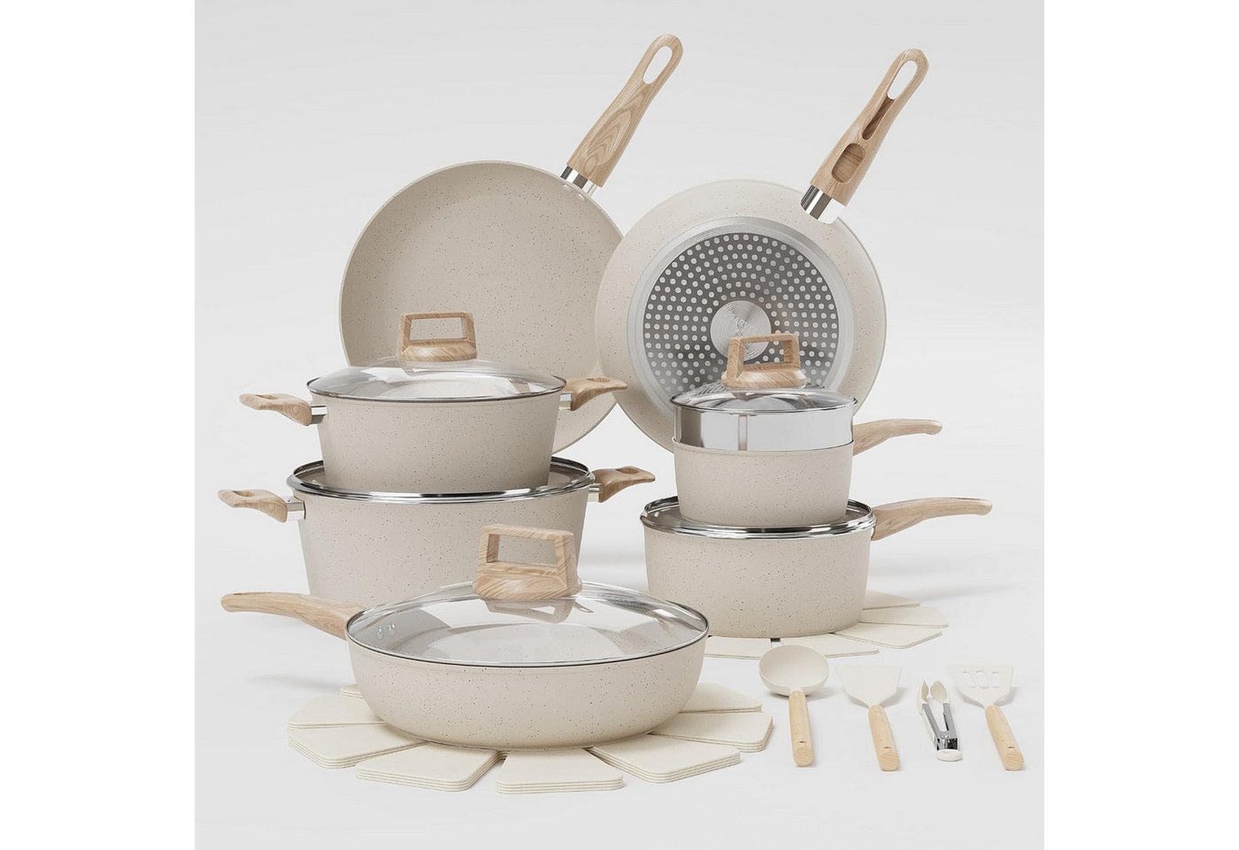 GarveeMore Topf-Set Keramik-Topfset 14/21tlg. antihaft, abnehmbare Griffe, für Induktion, Aluminium (Set, 21-tlg., Pfannen, Töpfe, Deckel & praktischem Zubehör), Keramik-Antihaft,induktionstauglich,abnehmbare Griffe