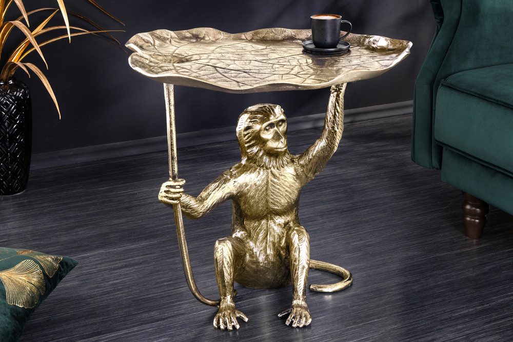 riess-ambiente Beistelltisch WILDLIFE MONKEY 60cm gold antik · Wohnzimmertisch aus Metall (Einzelartikel, 1-St), rund · handmade · Affen-Statue · Urban Jungle Design