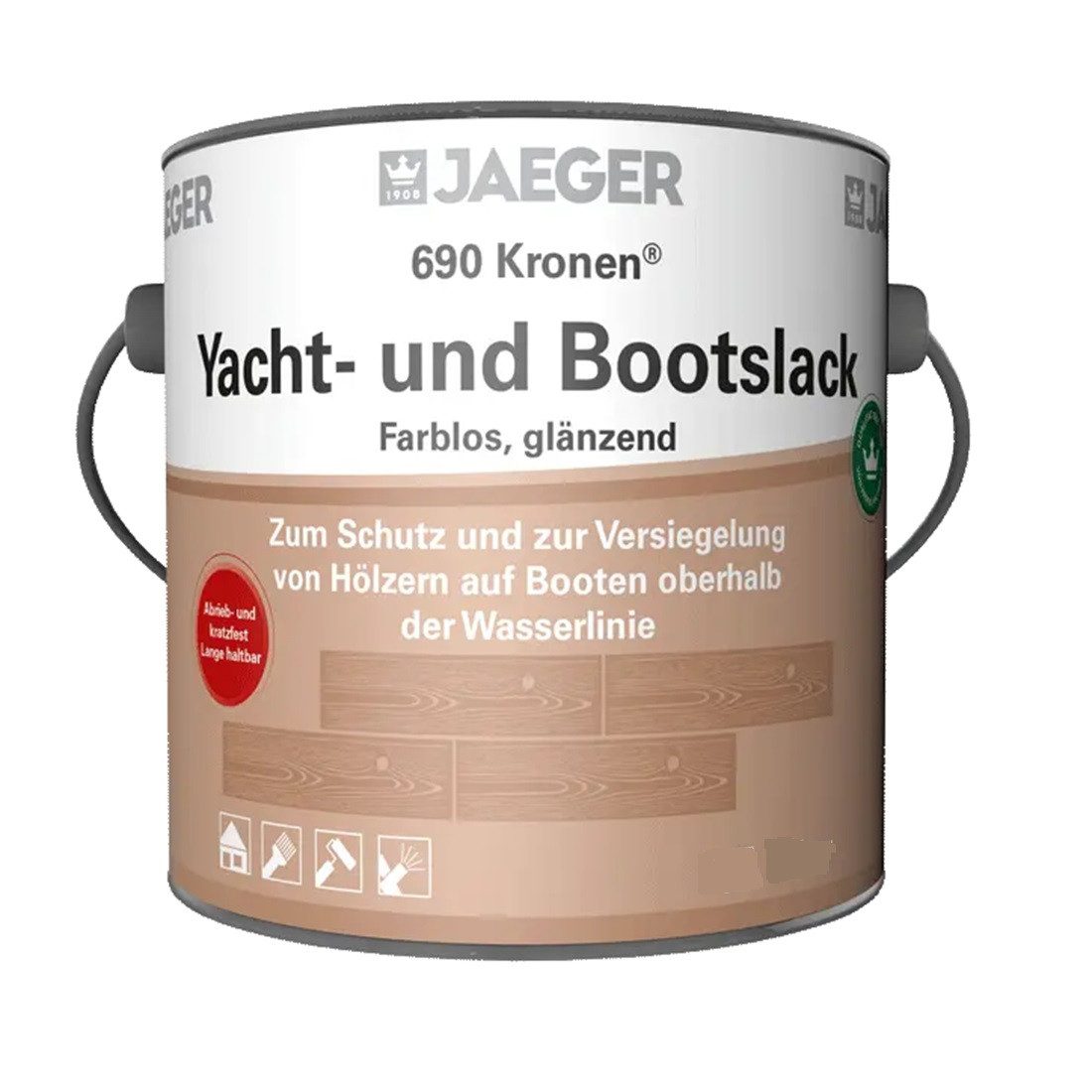 Jaegerlacke Holzlack Kronen 690 Yachtlack Bootslack Holzschutz 750 ml, farblos glänzend, Schutz und Versiegelung, auch für Gartenmöbel