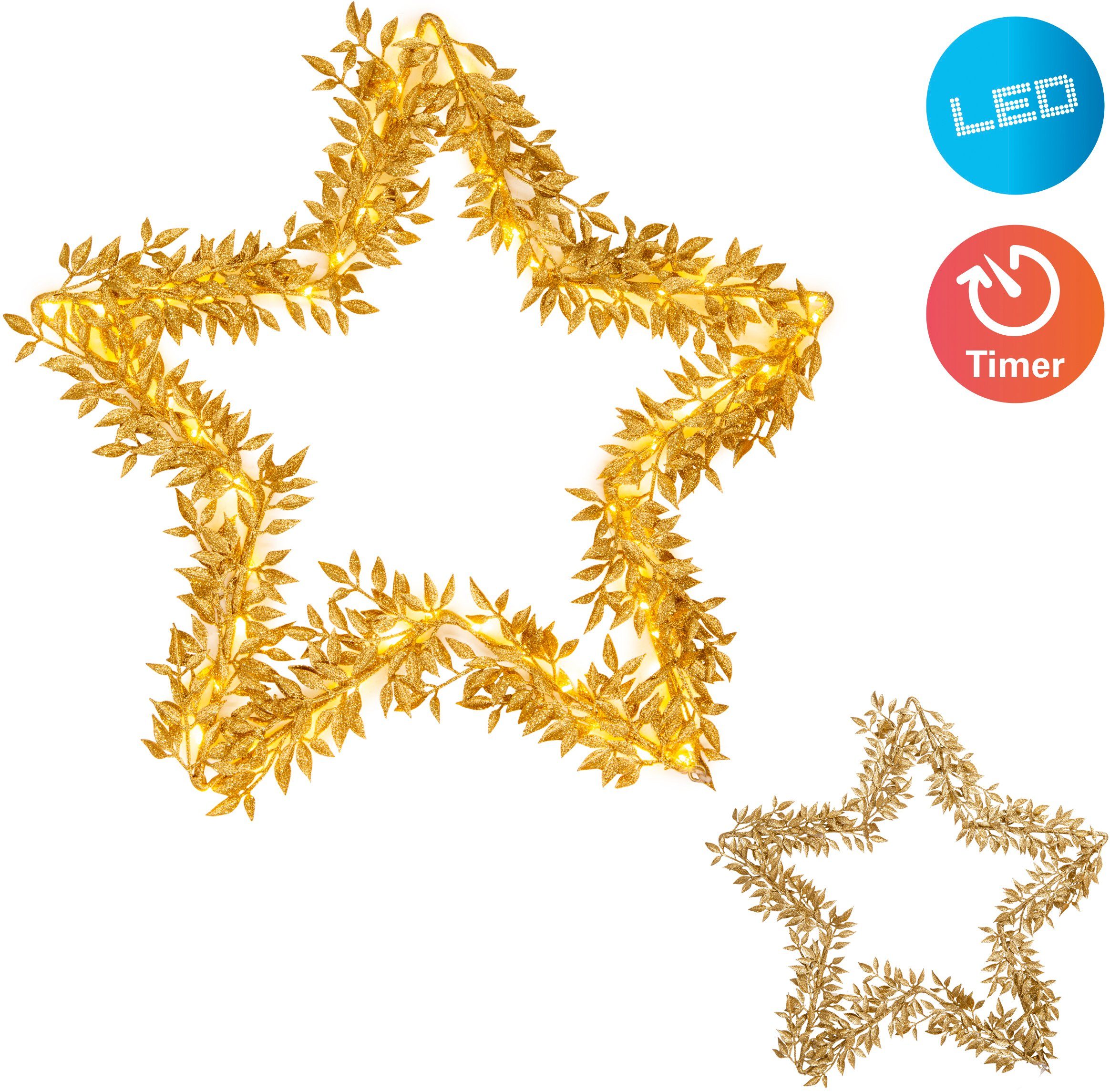 Ø LED gold,warmweiß, LED näve LED (6on/18off), cm, integriert, Weihnachtsdeko Dekoobjekt Stern, Warmweiß, 50 Deko Ein-/Ausschalter, fest Timer incl.