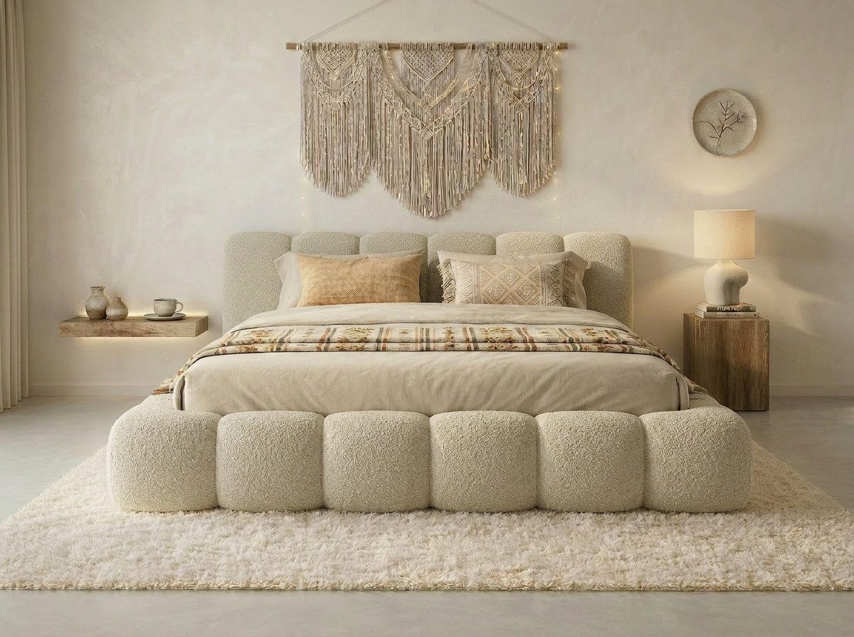 yourhouse24 Polsterbett Dallas Bouclé, angesagte Bubble-Optik (Bettgestell mit Bettkasten), Wolken-Design & Japandi