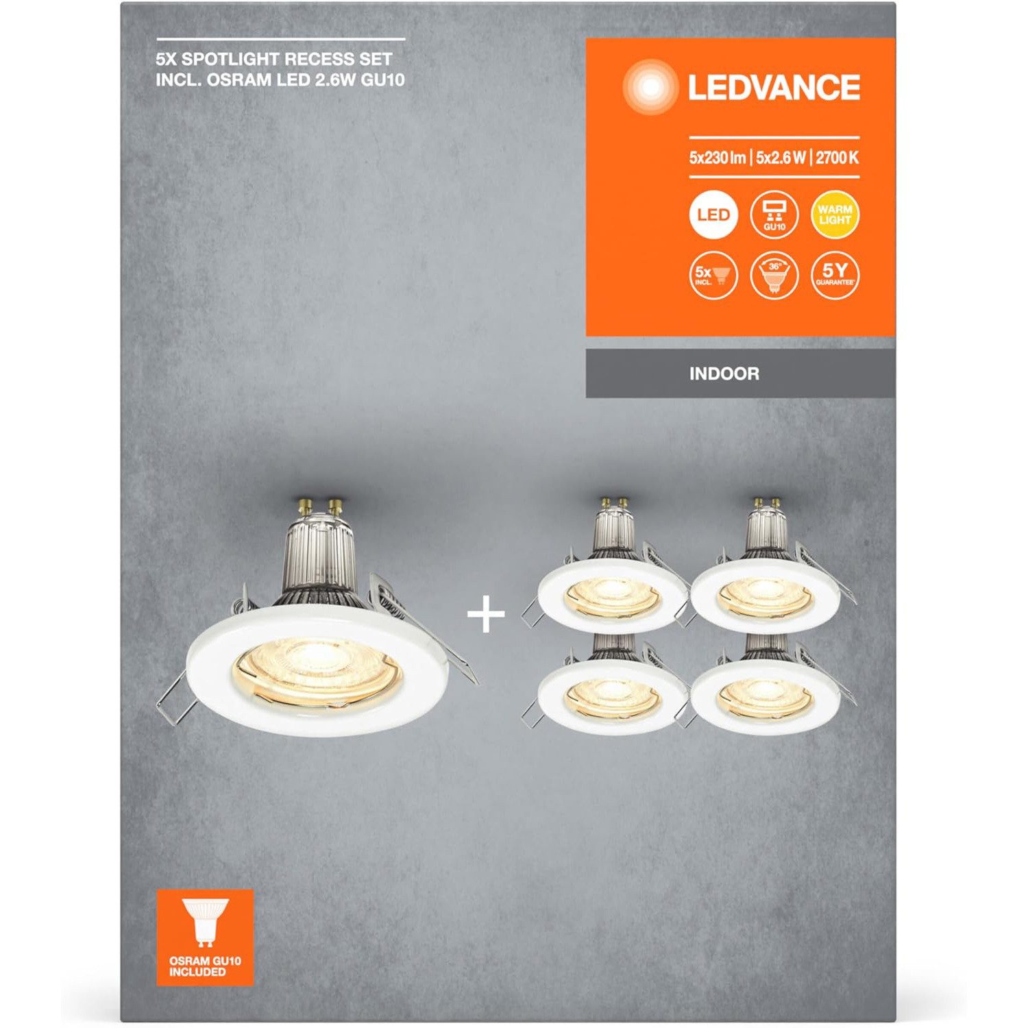 Ledvance Deckenspots 5ER Ledvance Spotlight Reflektor Lampe 2,6W, Leuchtmittel, Warmweiß, Einbaustrahler GU10 Decken Leuchte