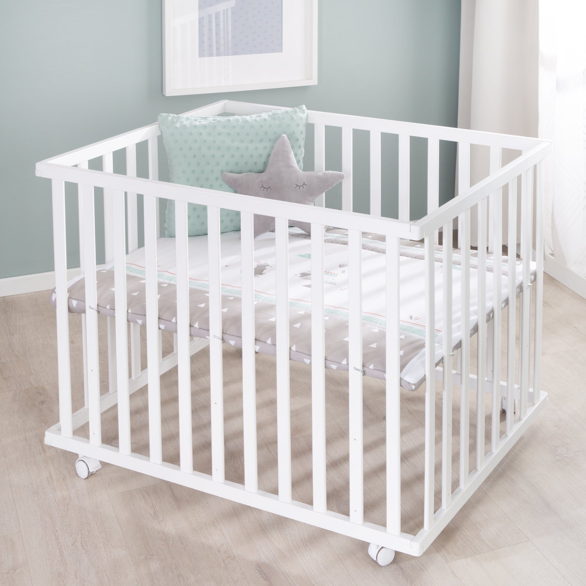 roba® Laufgitter 4-eckig, Laufstall, inkl. Schutzeinlage & Rollen, höhenverstellbar