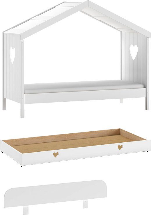 Vipack Hausbett Amori, inkl. Dach, Rückseitig offen, mit Rolllattenrost (B/H/T ca. 213x171,7x98,7cm, verspielte Herz-Ausschnitte seitlich), wahlweise, mit oder ohne Schublade und Absturzschutz, weiß lackiert
