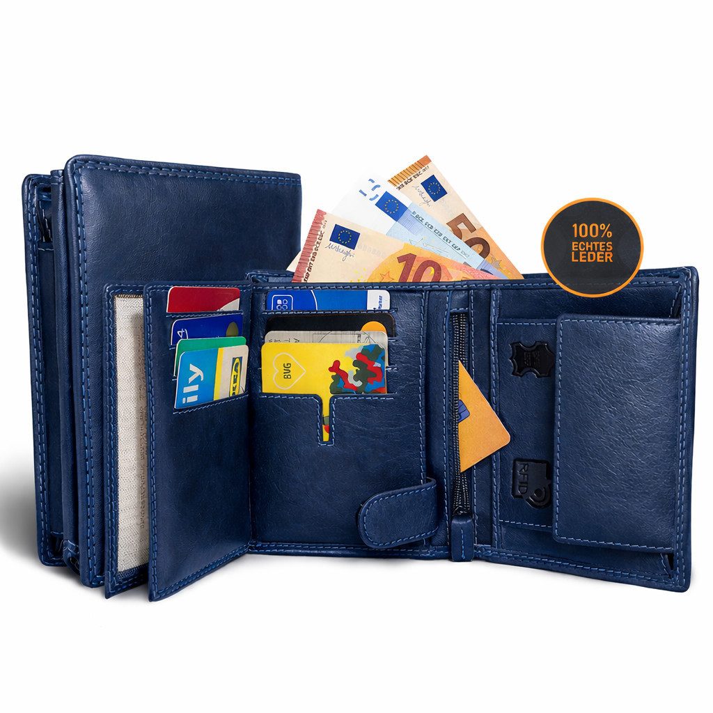 BLUE BURRY Geldbörse Herren aus echtem Leder mit RFID-Schutz I Xmas-Geschenk (Elegantem Design I Hochformat Portemonnaie Geldbeutel für Herren & Damen mit Platz für 10 Karten und Münzfach, 1-tlg), Brieftasche Geldbörse als Geschenk für Männer inkl. Geschenkbox