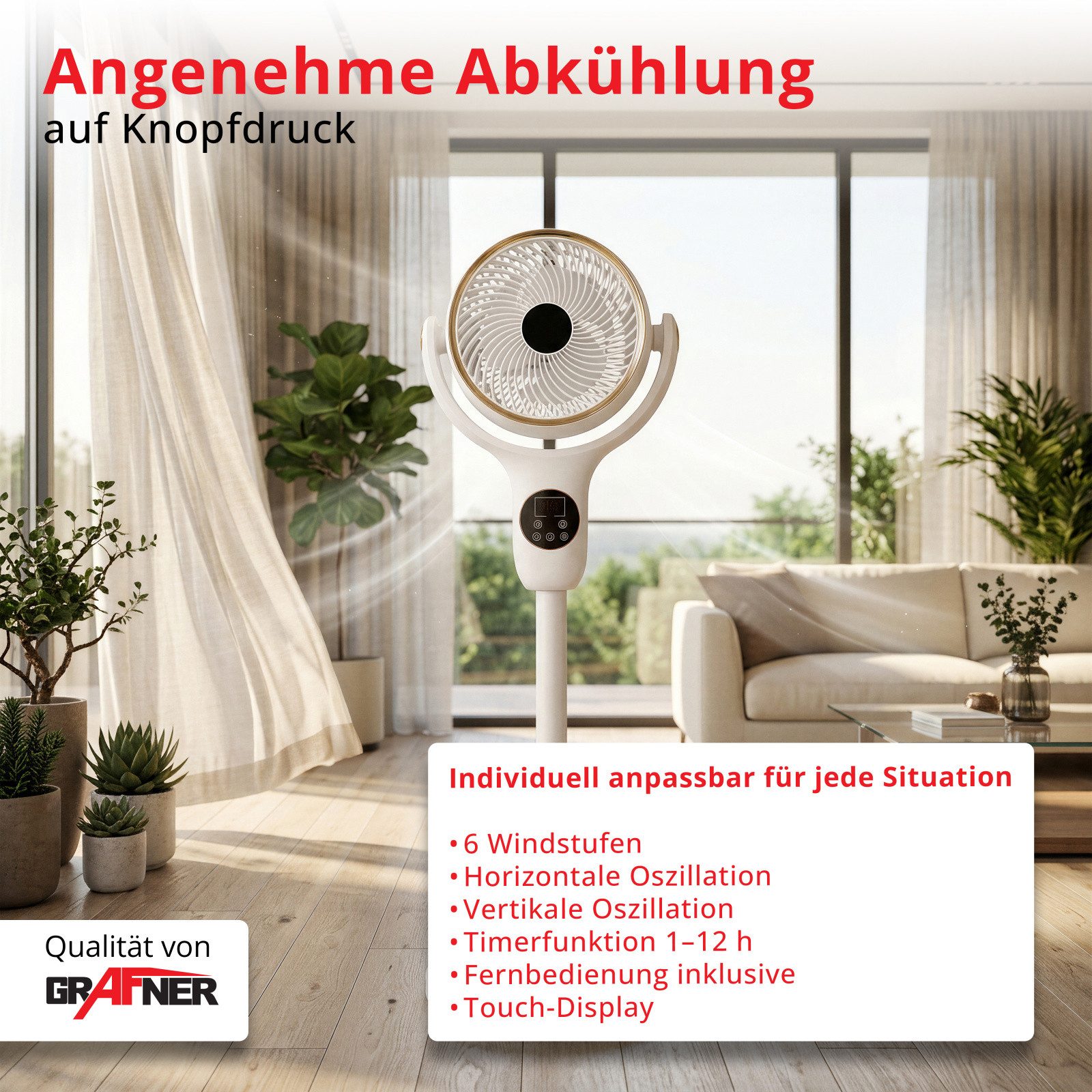 Grafner Standventilator Grafner® 3D Ventilator mit Fernbedienung & Touch-Display, 3-in-1 Tisch, Höhenverstellbar, 6 Geschwindigkeitsstufen, mit Fernbedienung