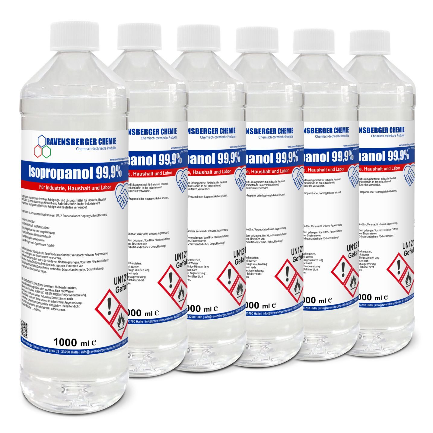 Ravensberger Chemie Isopropanol 99,9% - 1 Liter Reinigungsalkohol (6x 1 Liter Flasche von Ravensberger Chemie - Premium IPA 99,9 % – Für Haushalt, Elektronik & Werkstatt)