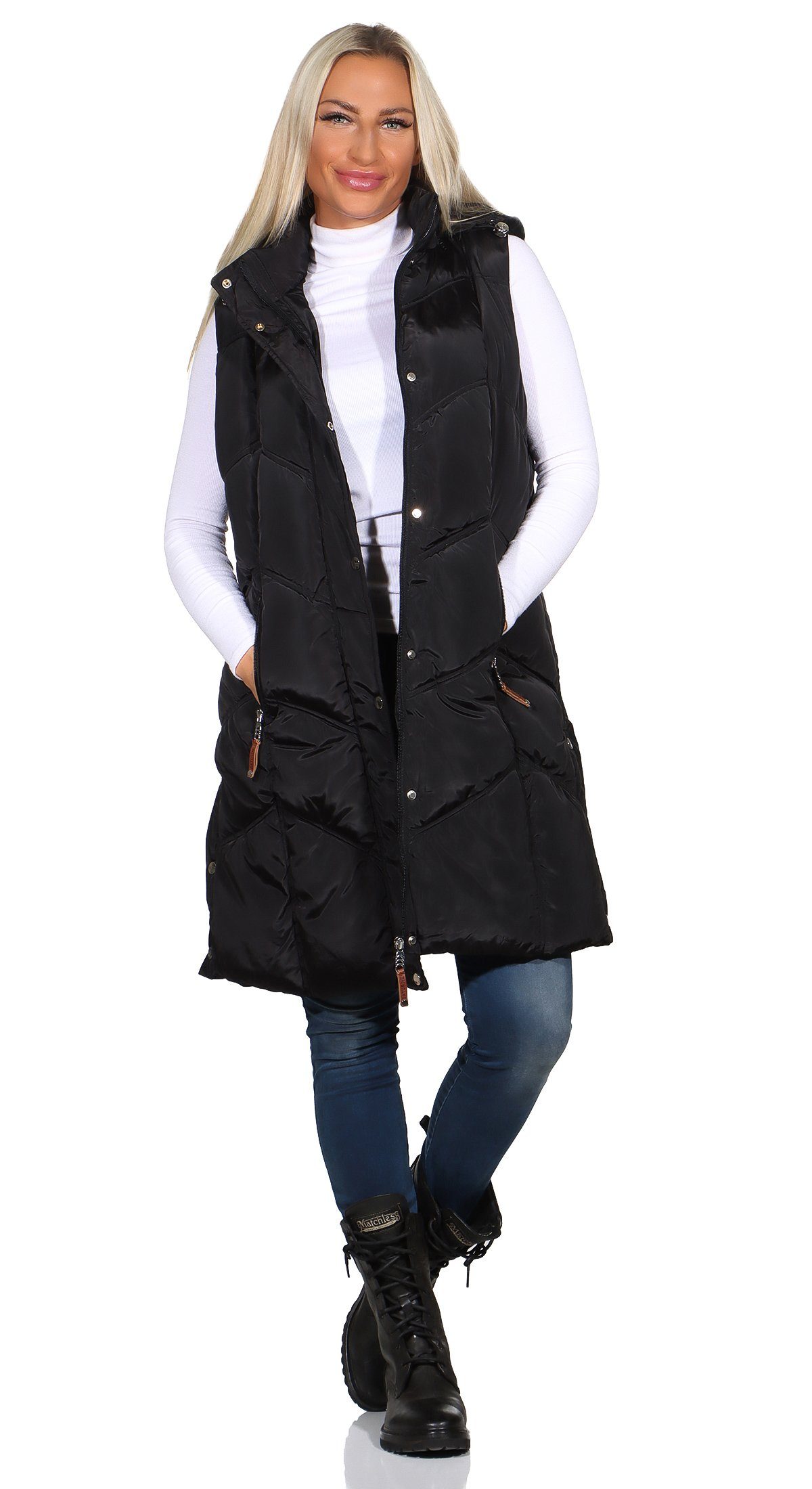 Aurela Damenmode Steppweste Damen Longweste mit moderner Steppung abnehmbar günstig online kaufen