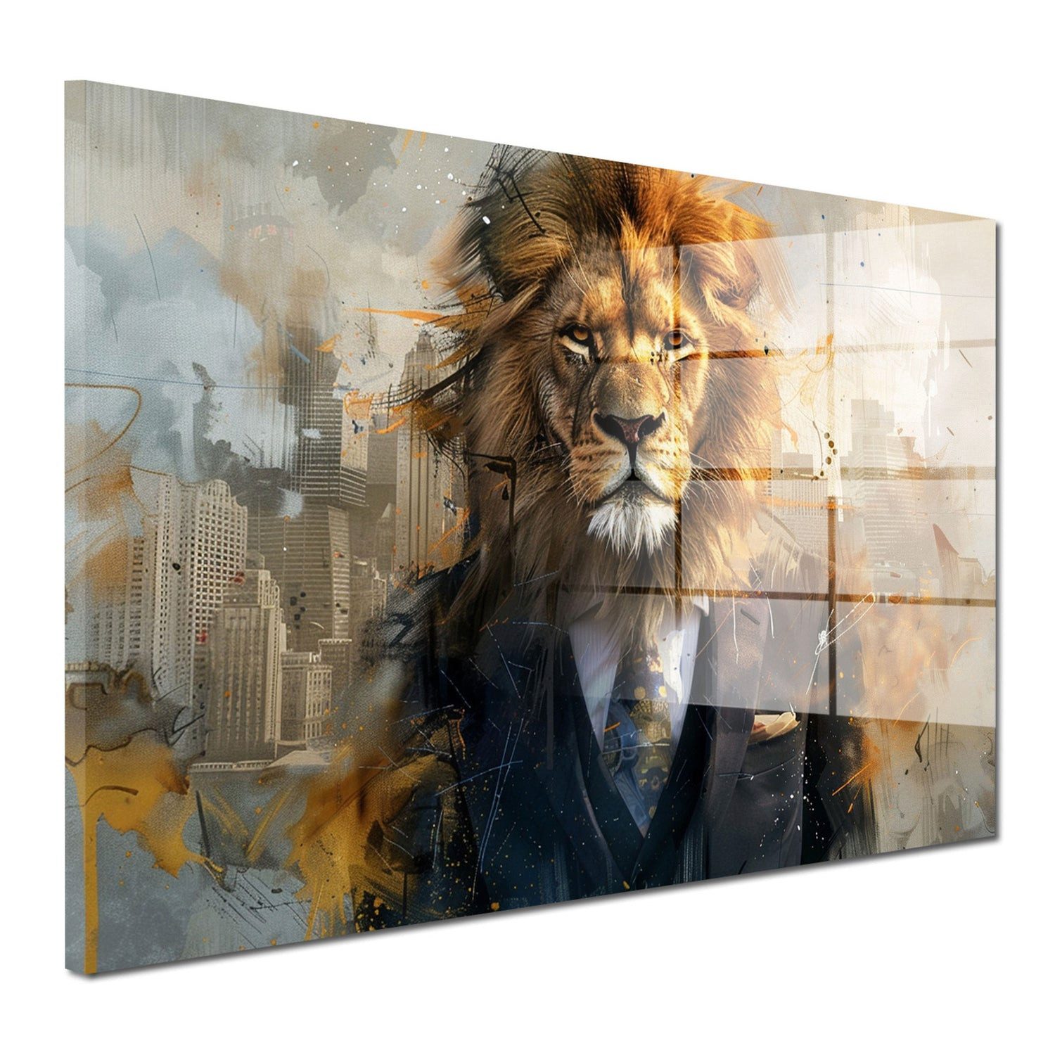 Artedinoi Acrylglasbild Löwe im Anzug Acrylglasbild Wandbild Abstrakt Modern Tier Deko XXL, Ein Löwe im eleganten Anzug, abstrakt gemalt und voller Selbstbewusstsein.