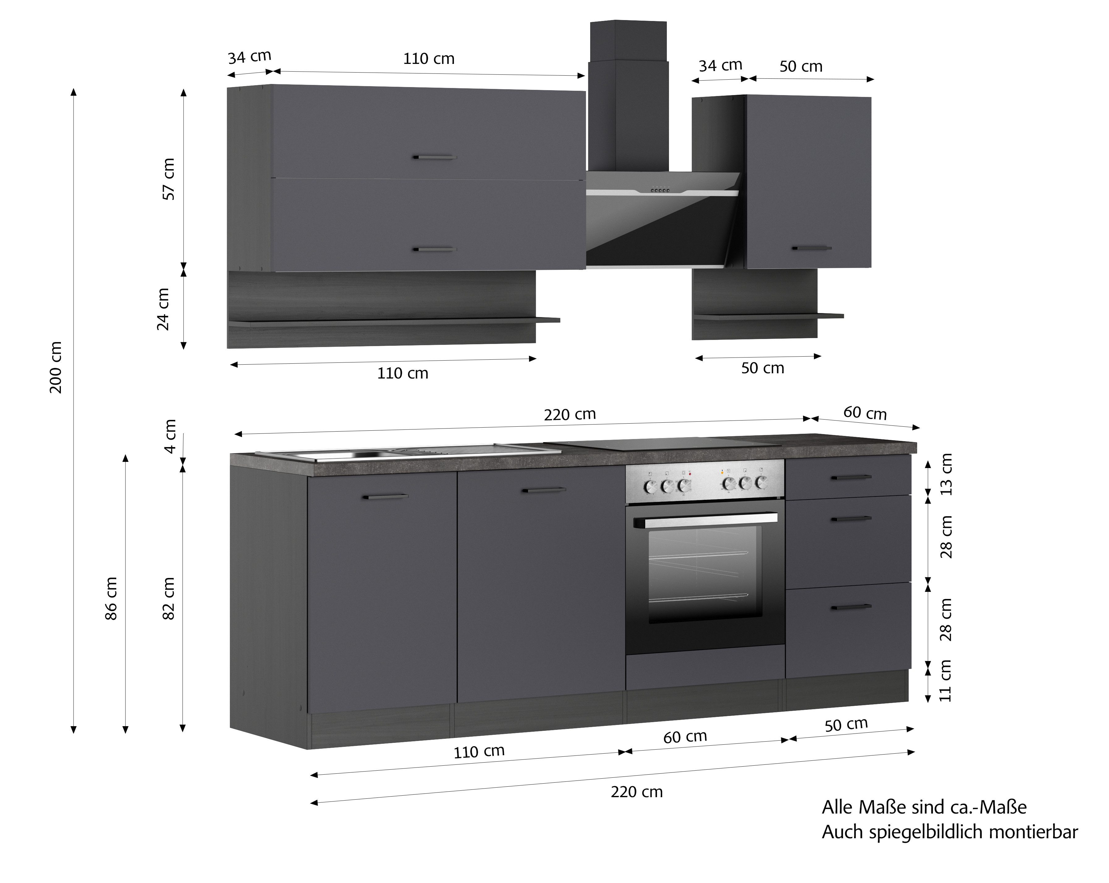 KOCHSTATION Küchenzeile KS-Frieda Breite 220 cm, wahlweise mit E-Geräten, mit 38mm starker Arbeitsplatte