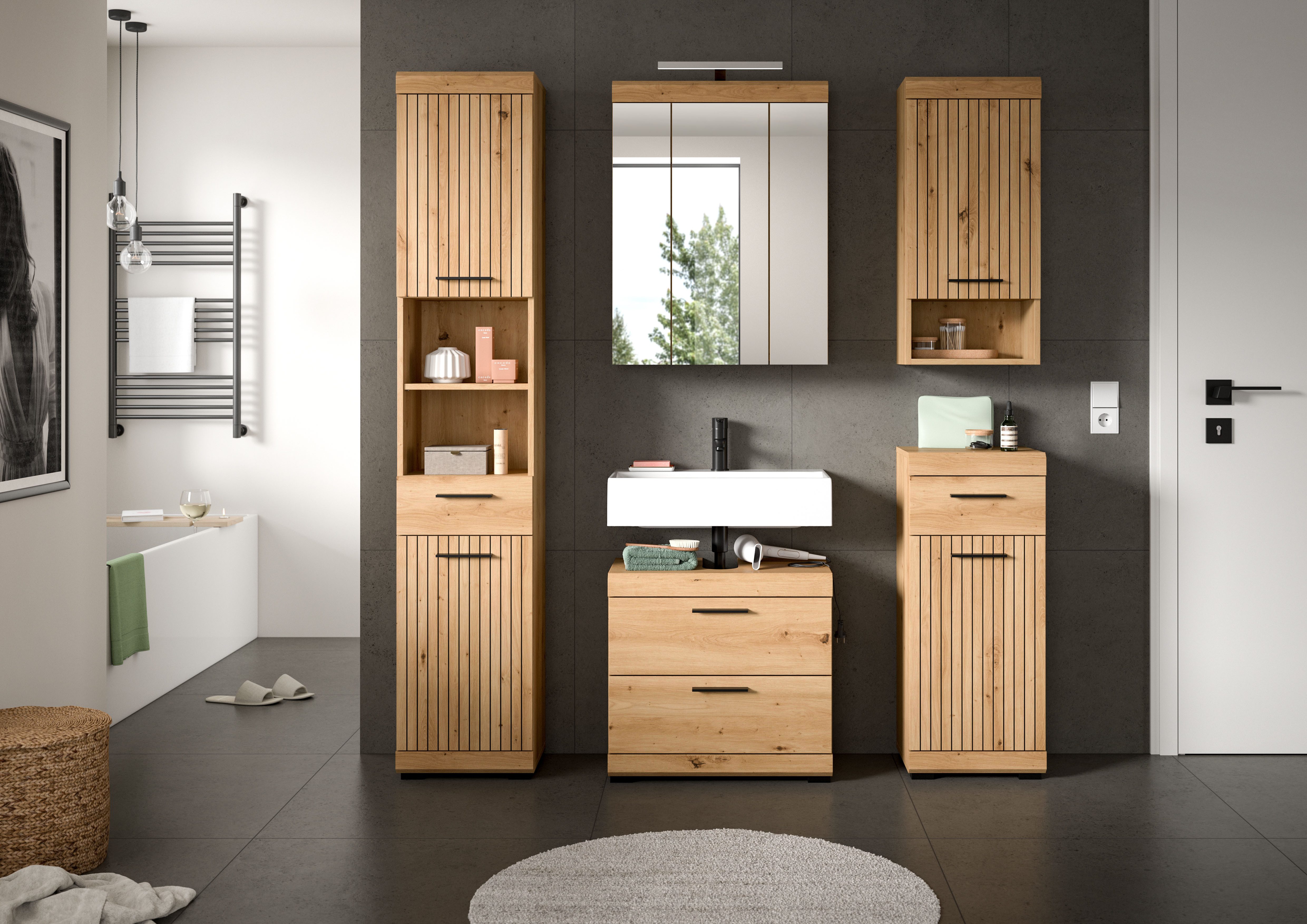 welltime Badmöbel-Set SIENA, 5 teilig, inklusive LED Beleuchtung, bestehend aus:, (Set, 5-St., TOPSELLER), Hochschrank, WBU, Spiegelschrank, Unterschrank, Hängeschrank
