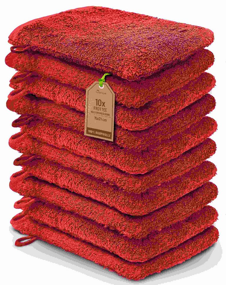 NatureMark Waschhandschuh 10er-Set Frottier Waschhandschuhe, 100% Baumwolle (10-St), Premium Frottier Waschhandschuhe, 15x21cm, Rot