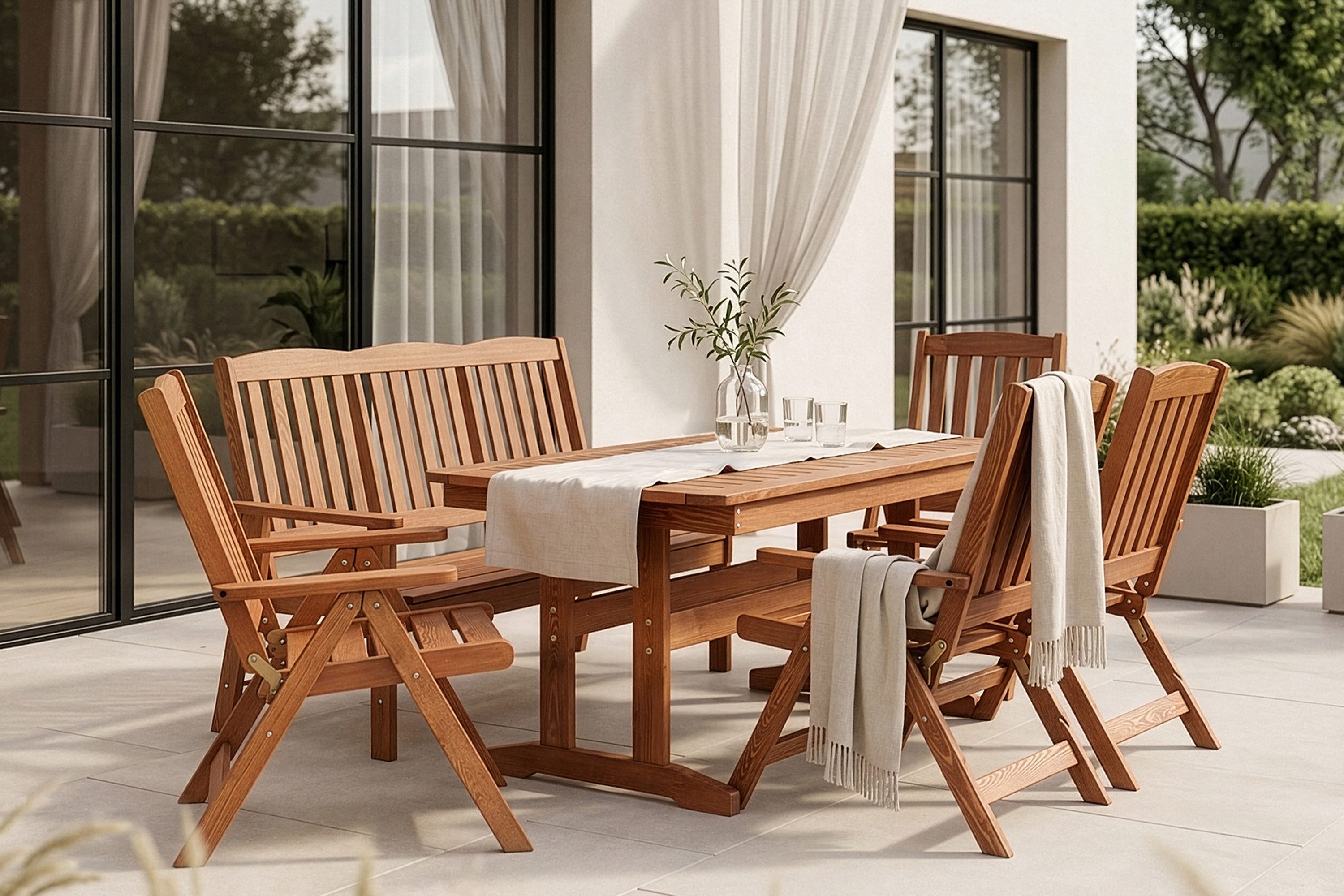 KONSIMO® Garten-Essgruppe ALCES Gartenmöbel-Set aus Massivholz, (4x Stuhl, 1x Tisch, 1x Sitzbank), handgefertigt, Kiefernholz, FSC-zertifiziert, hergestellt in der EU