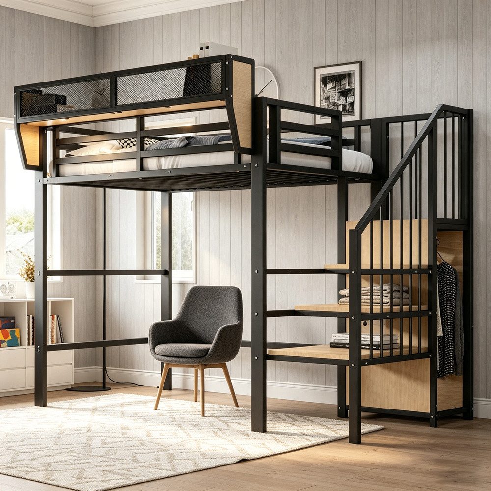 MODFU Hochbett Funktionsbett Kinderbett (90x200 cm mit Regal & Sicherheitsleiter, Platzsparendes Metallbett, für Kinder, Jugendliche & kleine Wohnungen) ohne Matratze