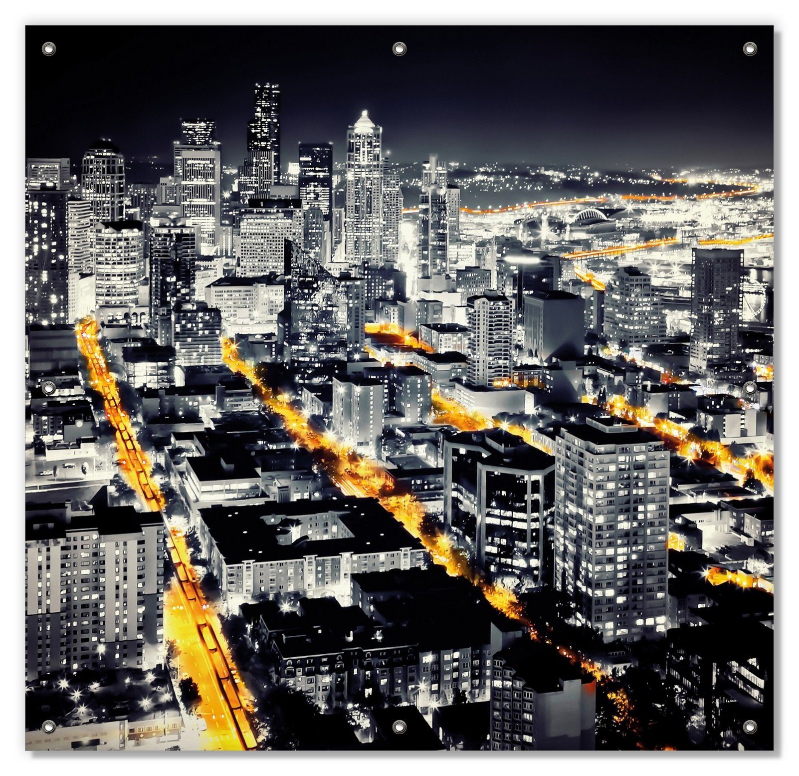 Sonnenschutz Großstadt bei Nacht - Seattle in schwarz weiß gelb, Wallario, blickdicht, mit Saugnäpfen, wiederablösbar und wiederverwendbar