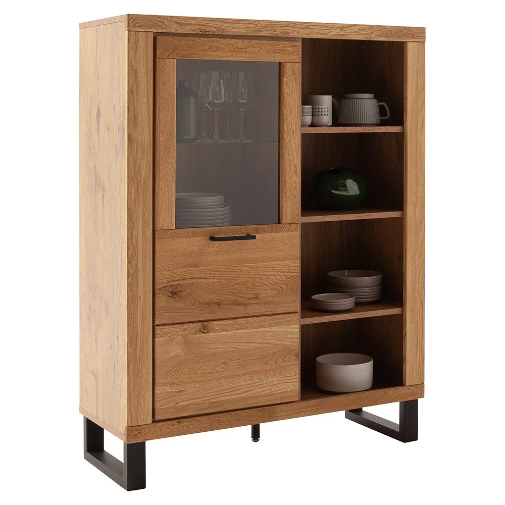 Lomadox Highboard KUMASI-06, 108 cm breit, Eiche massiv geölt, mit Metallfüßen & -griffen