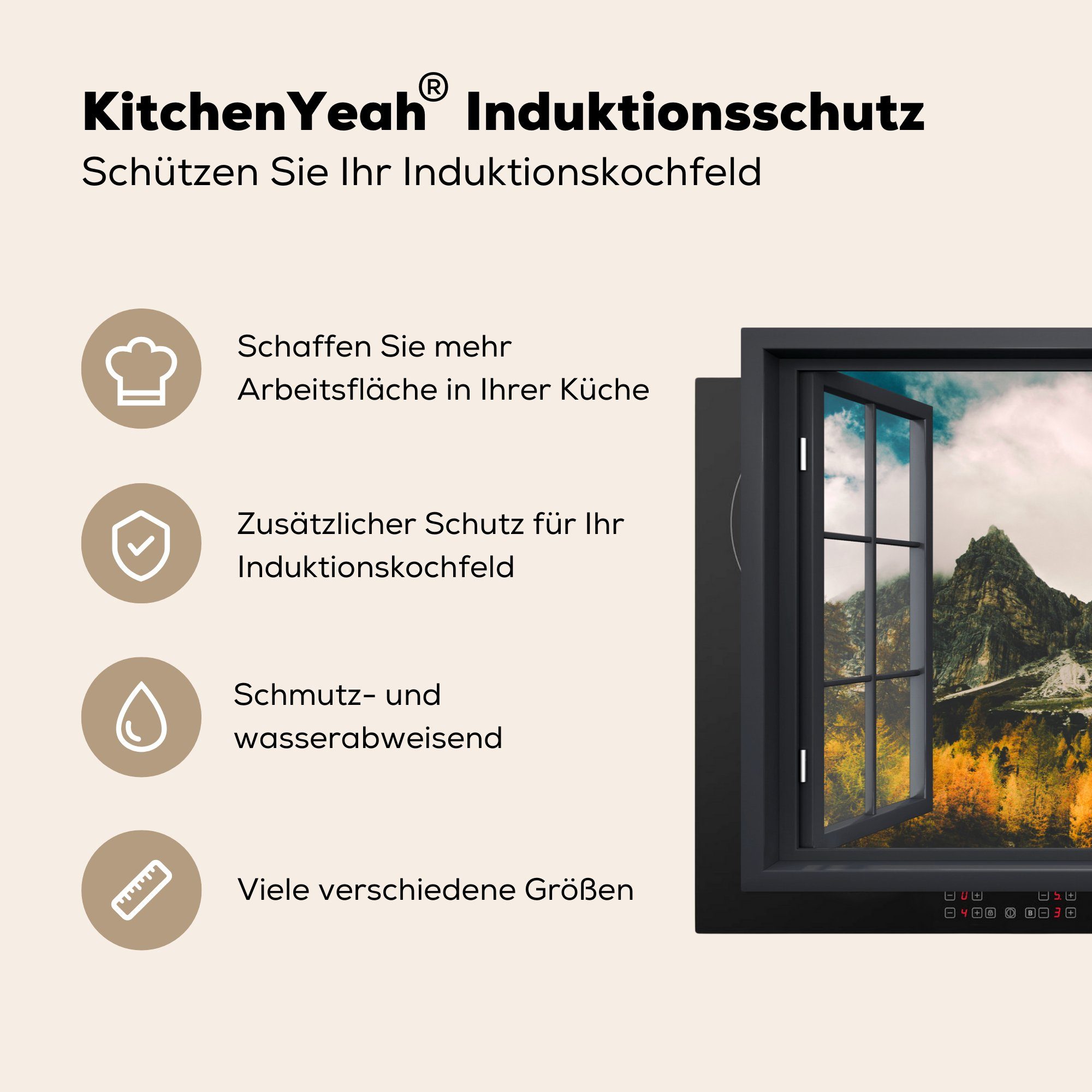 Schutz Induktionskochfeld Aussicht Herdblende-/Abdeckplatte - - cm, Vinyl, Ceranfeldabdeckung (1 für Berge, MuchoWow küche, die 81x52 tlg), Natur