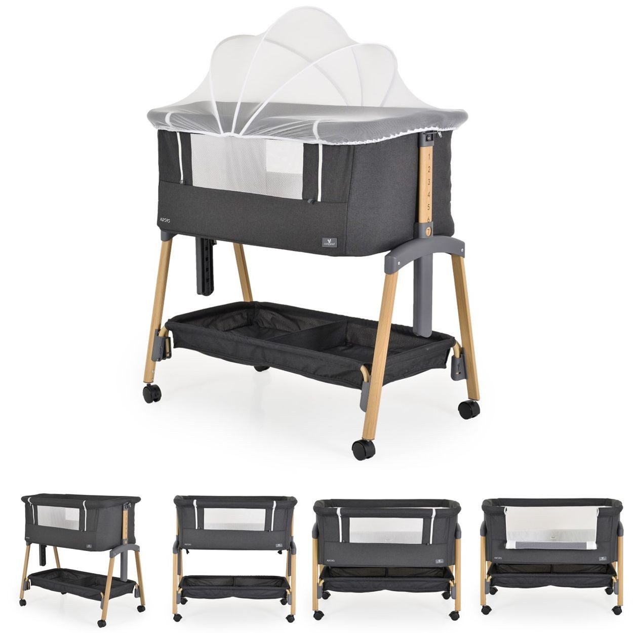 Cangaroo Komplettbett Babybett, Beistellbett Adoro, verstellbar, Matratze, Moskitonetz, Räder