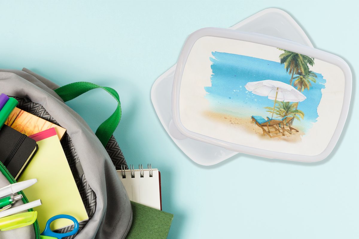MuchoWow Lunchbox Strandkorb Sonnenschirm - (2-tlg), Erwachsene, weiß Kunststoff, Kinder Brotbox und - und Jungs für Brotdose, Palmen Mädchen - Wasserfarben, für