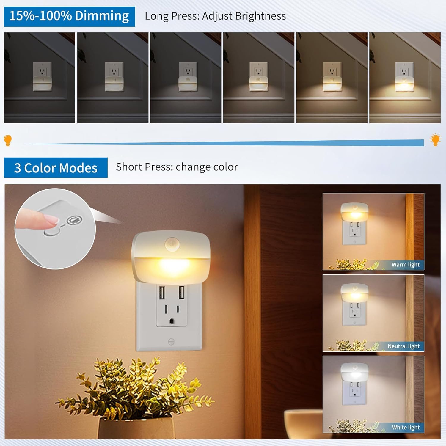 FELIXLEO LED Nachtlicht Nachtlicht Steckdose mit Bewegungsmelder 2 Stueck Warmweiss