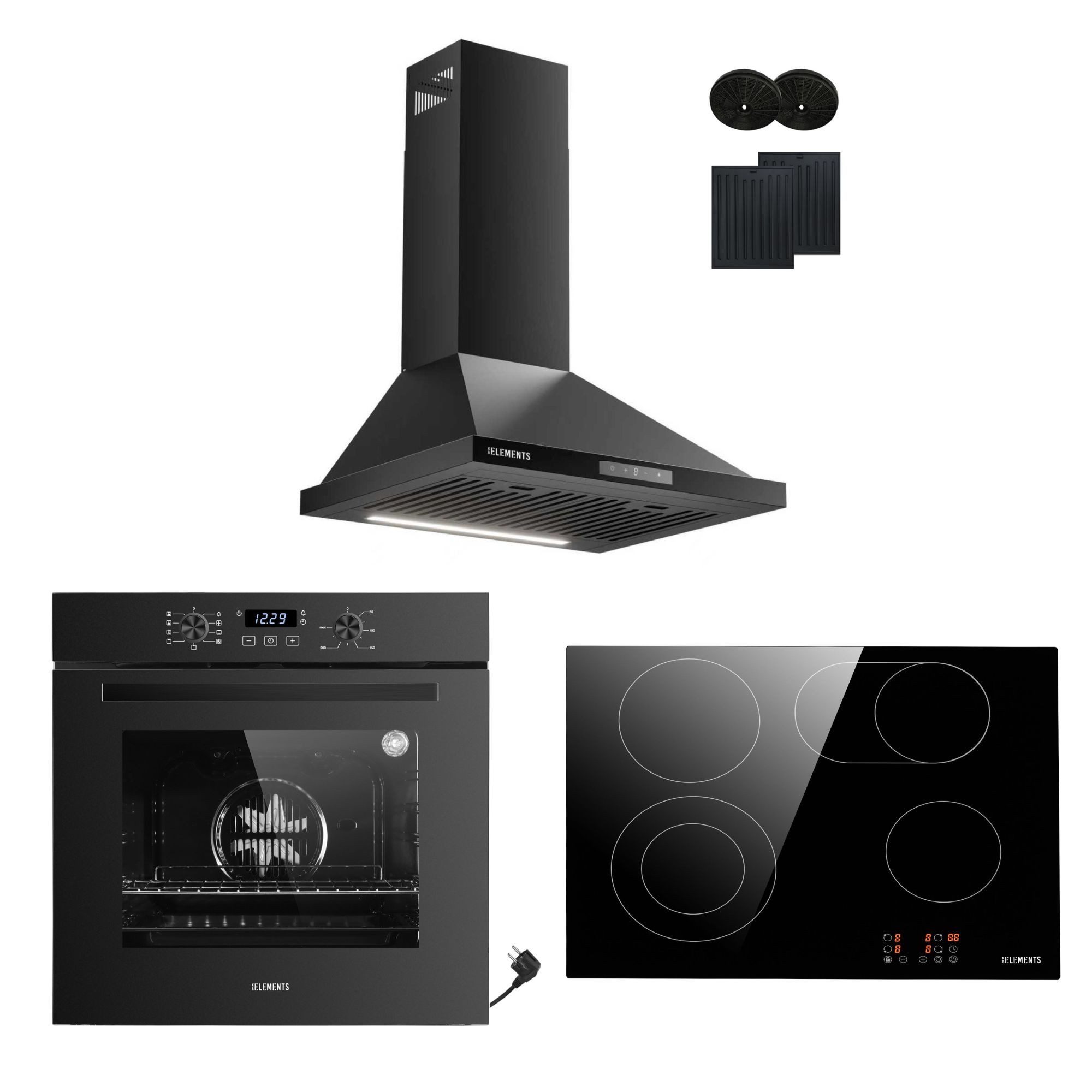 KB Elements Backofen-Set Einbaubackofen 60 cm mit 4-Zonen Glaskeramik Kochfeld 60 cm, AQUA CLEAN, Aqua Clean, Circle Fan Heater, Flexzone