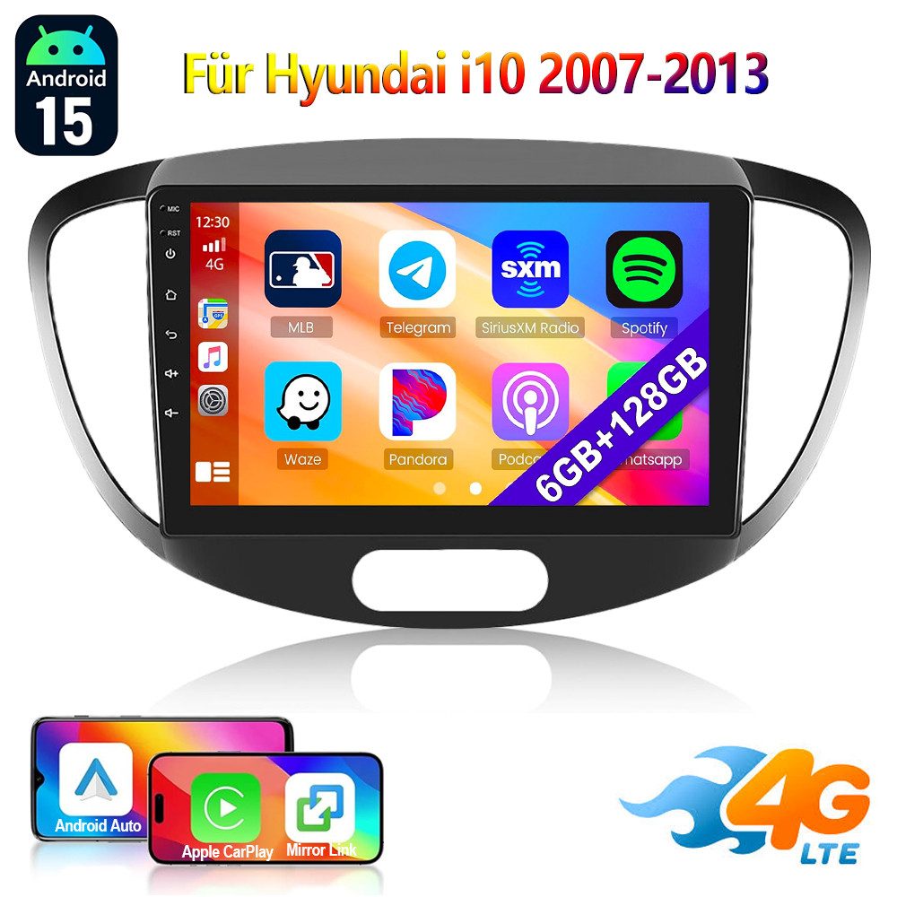 ESSGOO DAB+ Autoradio Für Hyundai i10 PA 2007-2013 6+128G Android 15 Carplay Autoradio (Digitalradio (DAB), RDS, 6+128G, AM, FM, Carplay Android Auto Bluetooth EQ USB GPS Navi WIFI Touchscreen)