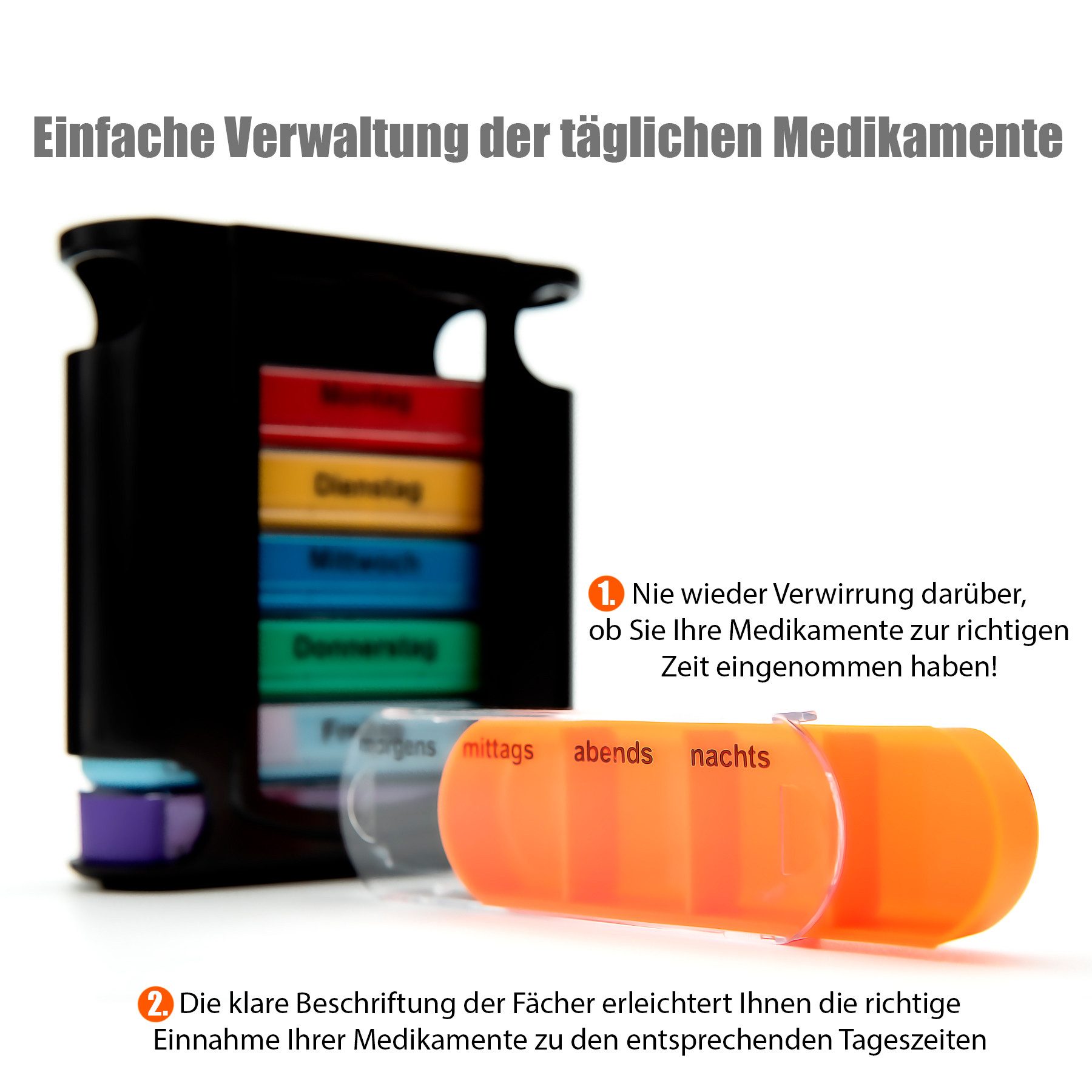 BigDean Pillendose 2 Stück Tablettenbox Schwarz 7 Tage Morgens, Mittags, Abends & Nachts (Set, 2 St., Tablettendosenturm), Tablettendosenturm, 7 tage Sortierdosen, BPA-Frei, Lebensmittelecht.