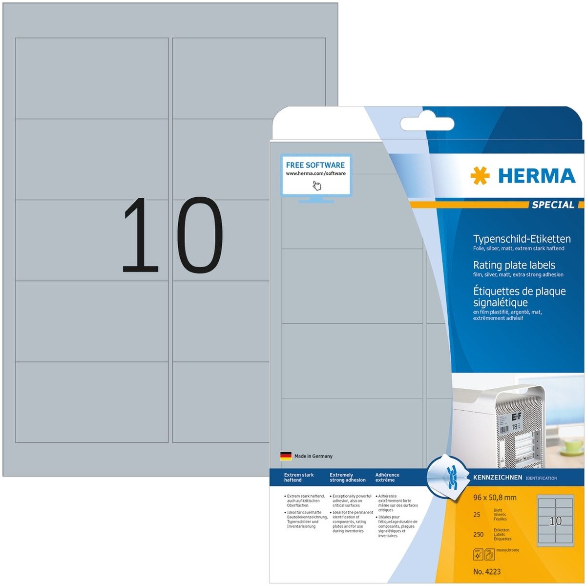 HERMA Etiketten Etiketten Folie Typenschild silber 96x50,8mm Special A4 LaserCopy