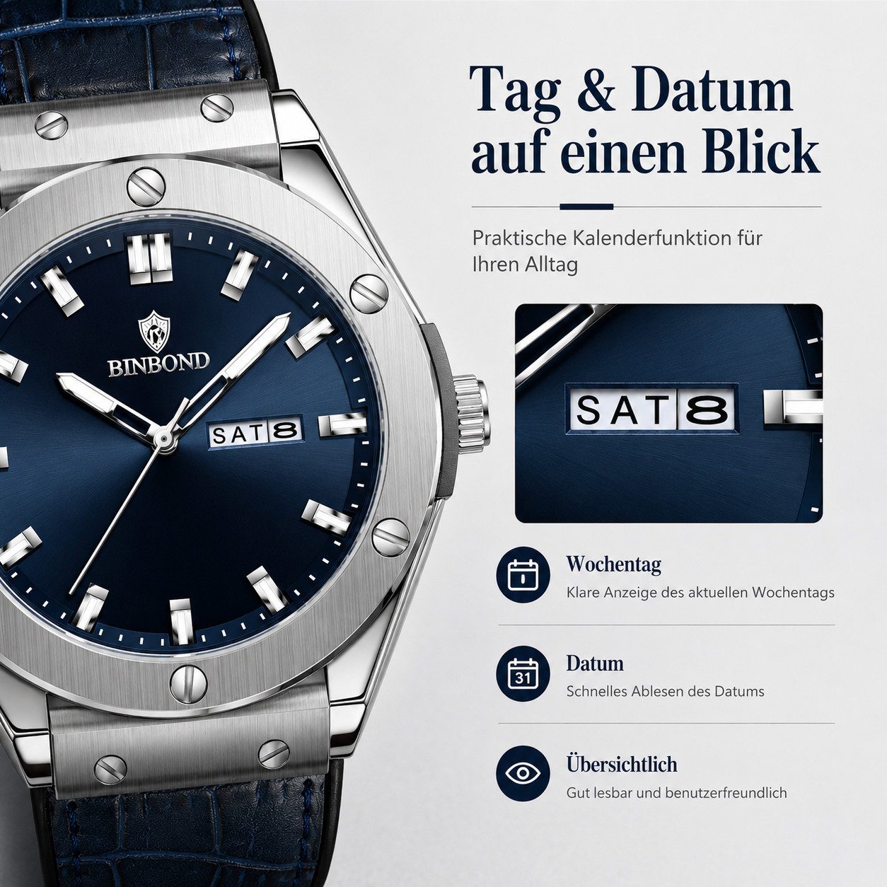 ibettertec Quarzuhr Armbanduhr, Herrenuhr, Datum, Neo-Display, Edelstahlarmband, (Packung, 3Bar Wasserdicht, ür Liebhaber Herrenuhren, Dual-Kalender mit), ultif – Bild 4 von 5