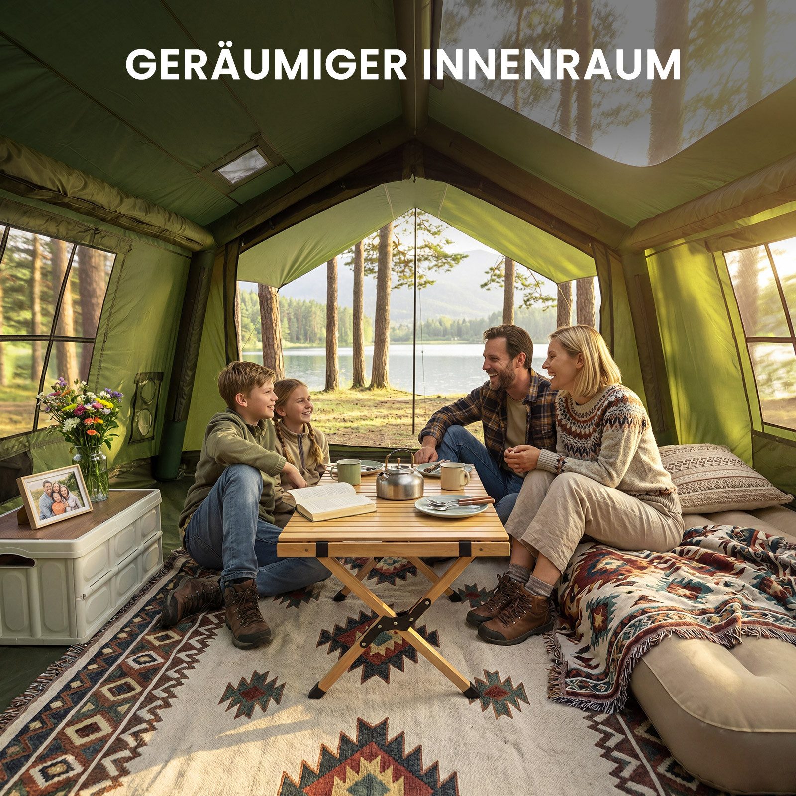 Meulbaty aufblasbares Zelt Air Glamping Zelte, Gampingzelt aus wasserdichtem Oxford-Stoff, Personen: 6 (1 tlg), mit aufrollbarem Trennvorhang & 4 großzügigen Belüftungsfenstern