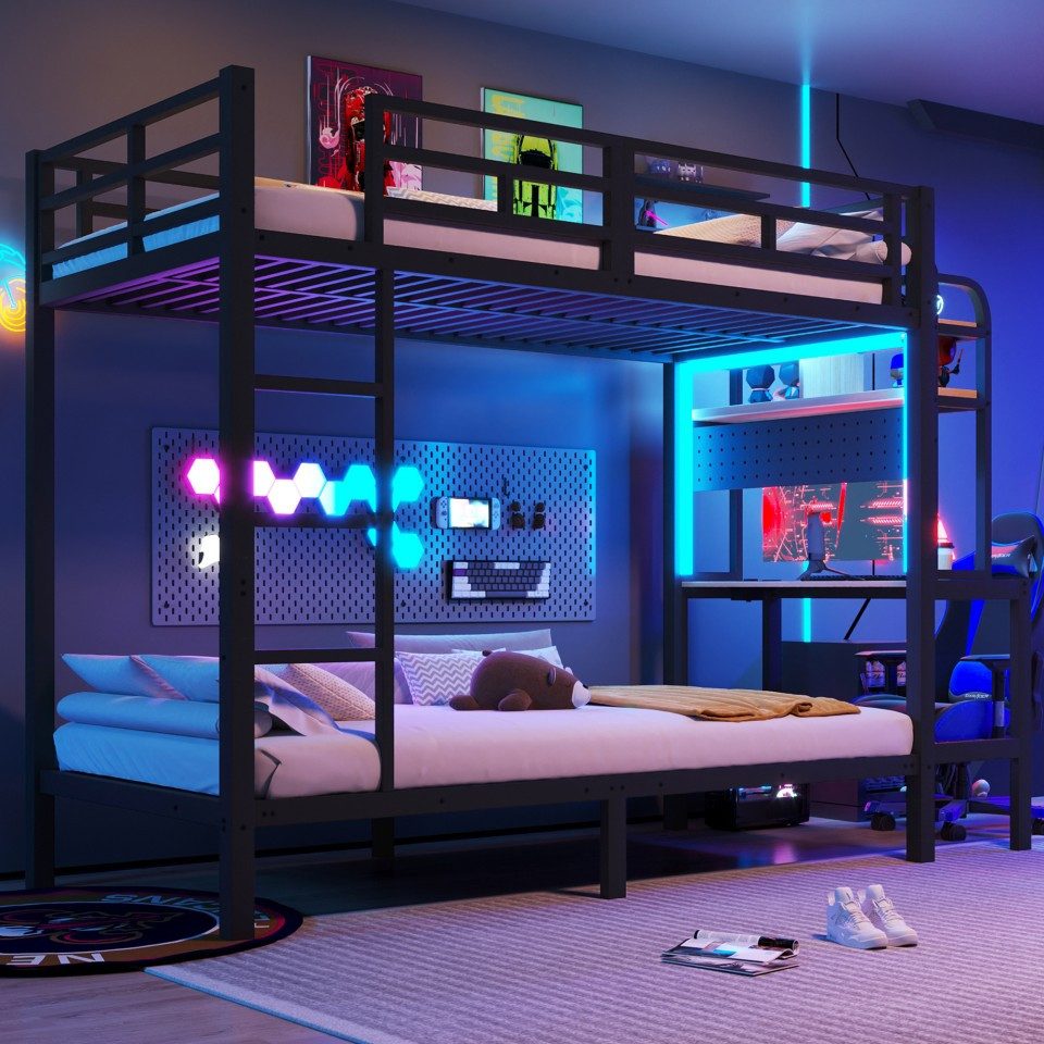 TavilaEcon Etagenbett mit Eisenrahmen, Ablagefach, Schreibtisch und LED-Lichtleisten (1-St), mit Eisenrahmen und MDF, 90 x 200cm, schwarz – Bild 3 von 5