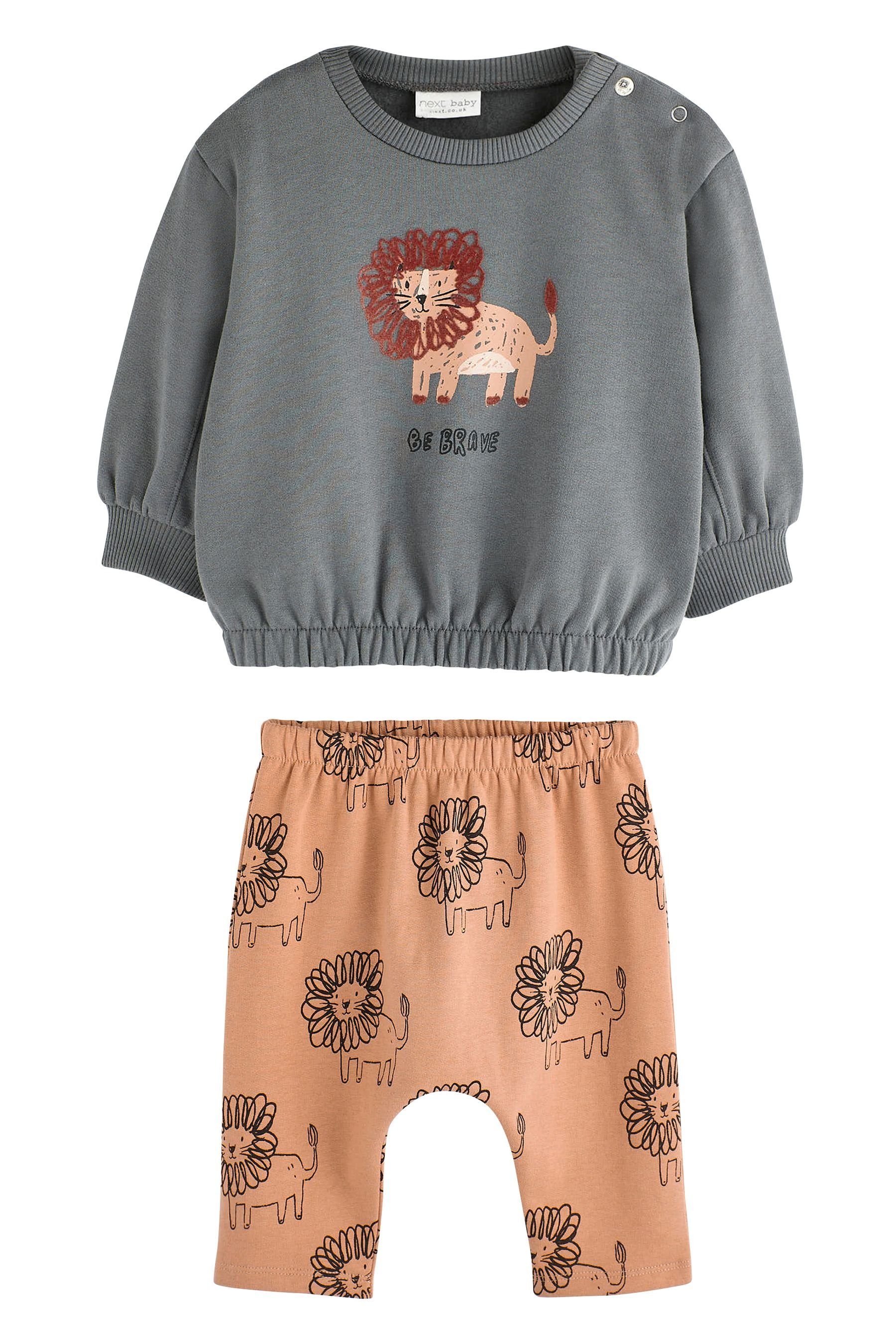 Next Sweatanzug 2-teiliges Baby-Set mit Sweatshirt und Jogginghose (2-tlg) Charcoal Grey/Rust Brown Lion
