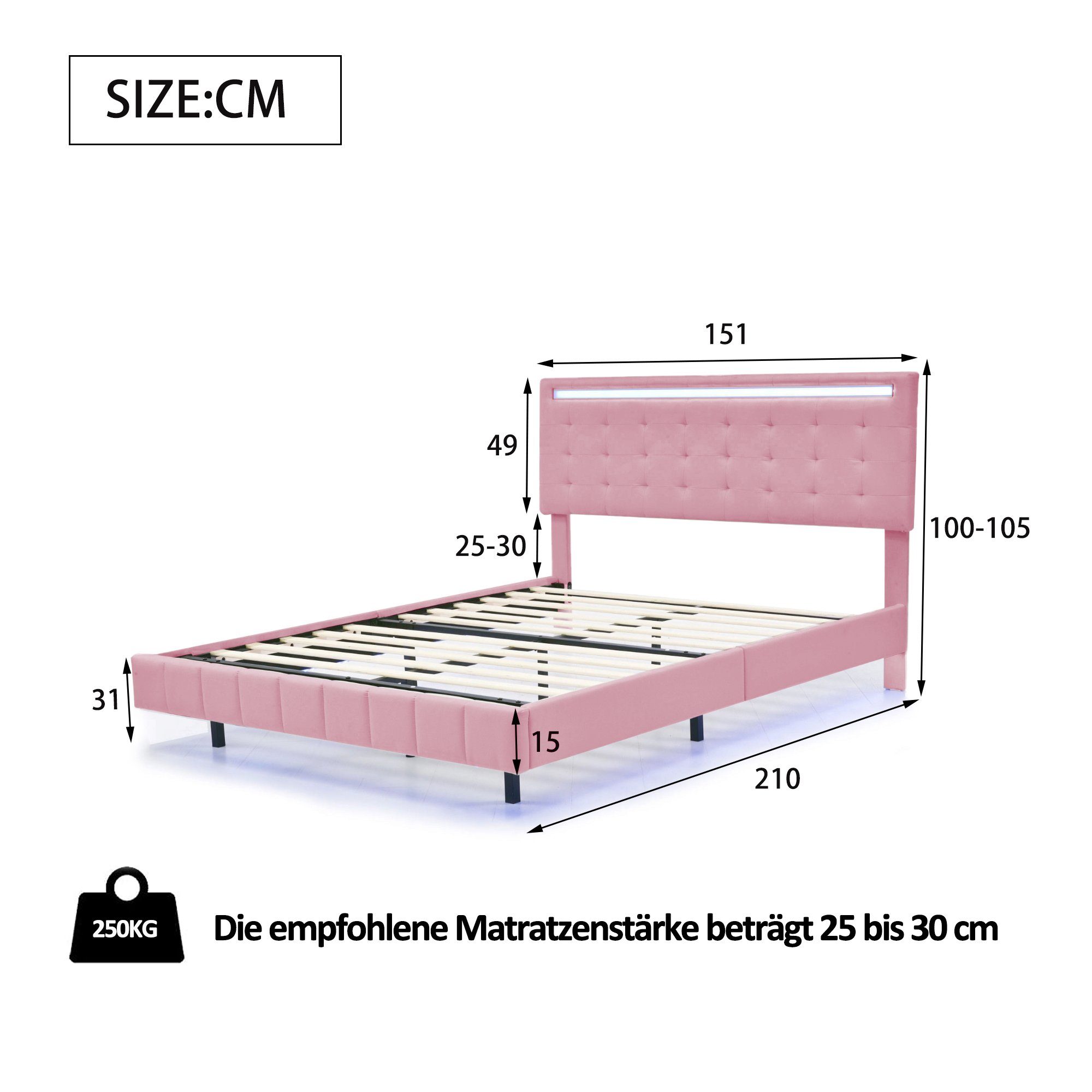 Polsterbett (LED Doppelbett), mit USB Ladefunktion und höhenverstellbarem Kopfteil 140x200cm, Leinen