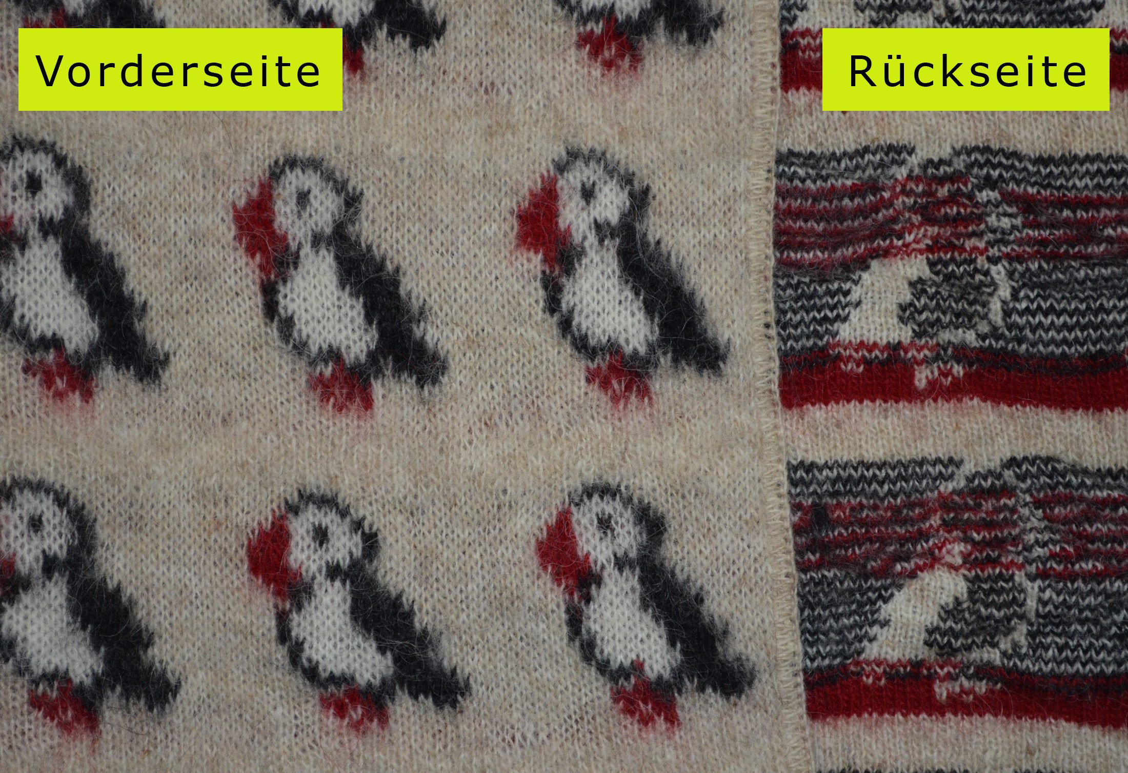 Wolldecke - 80 x 80 cm - Kleine Strickdecke - Papageientaucher, KIDKA, - aus rauer isländischer Wolle
