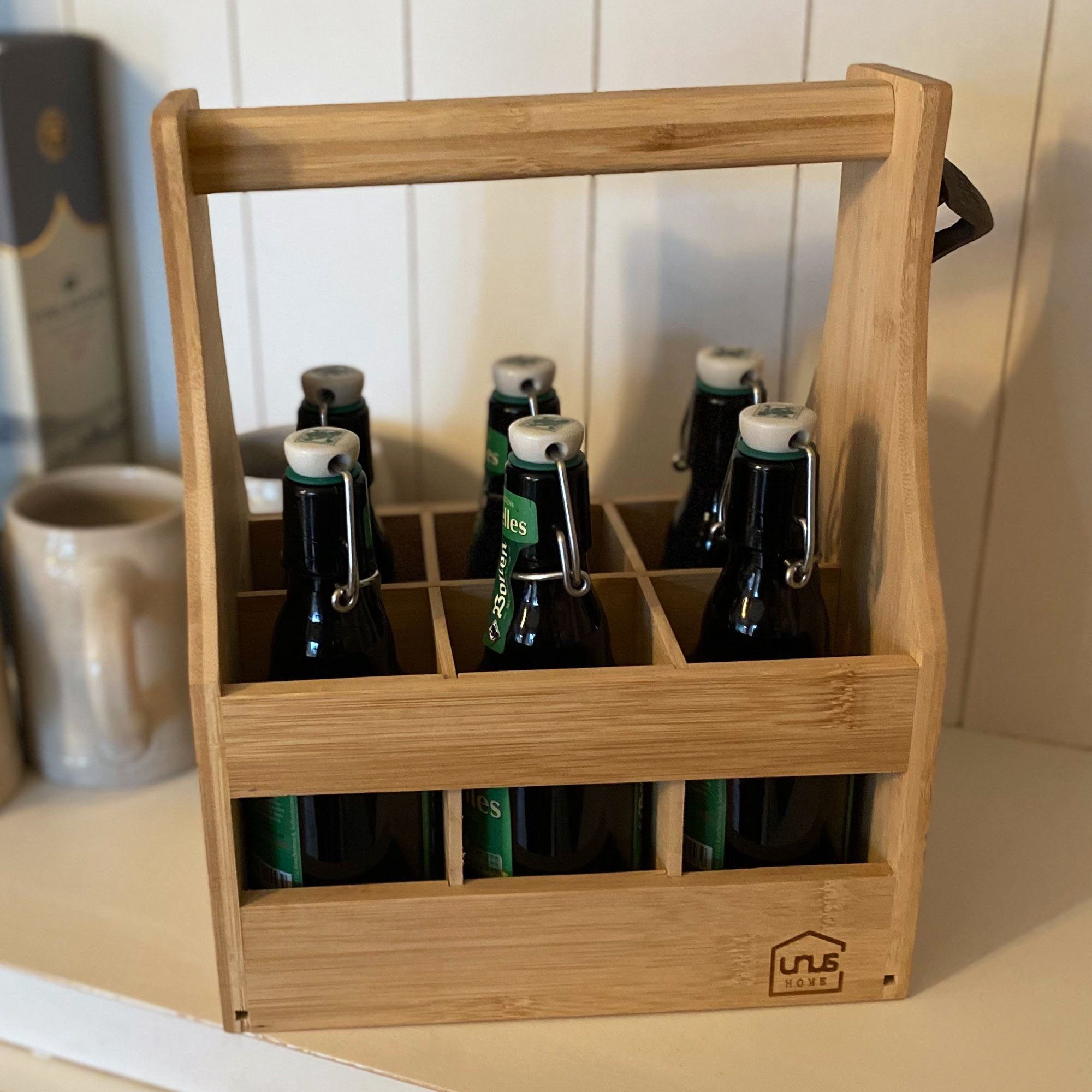 UNUS HOME Flaschenkorb Flaschenträger Bambus für 6 Flaschen, Getränketräger, Tragekorb, Bierflaschenträger, Bierträger