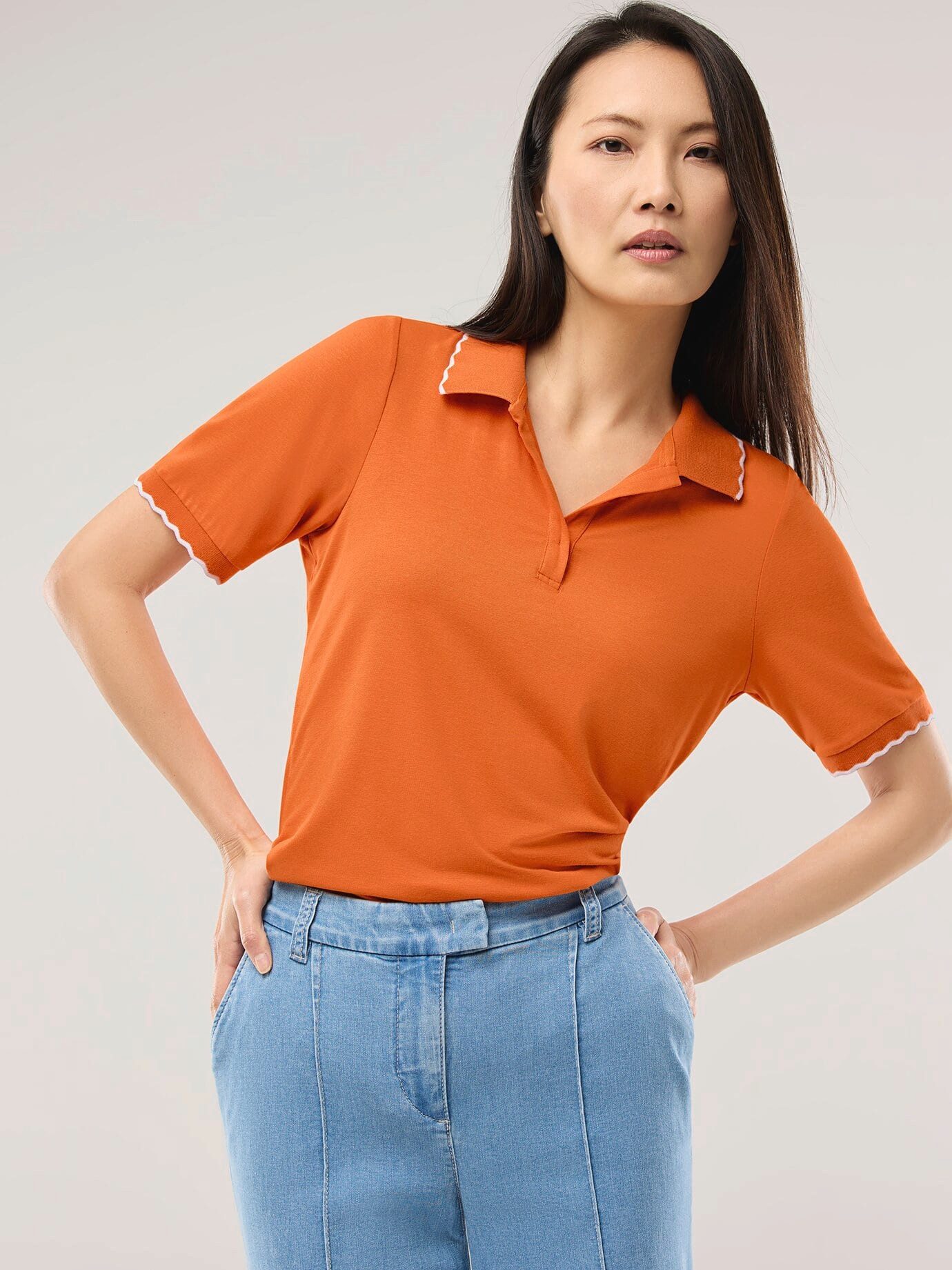 Walbusch Poloshirt Damen Poloshirt Wellenkante Polokragen Stretchkomfort, formstabil und knitterarm, Länge ca. 66 cm