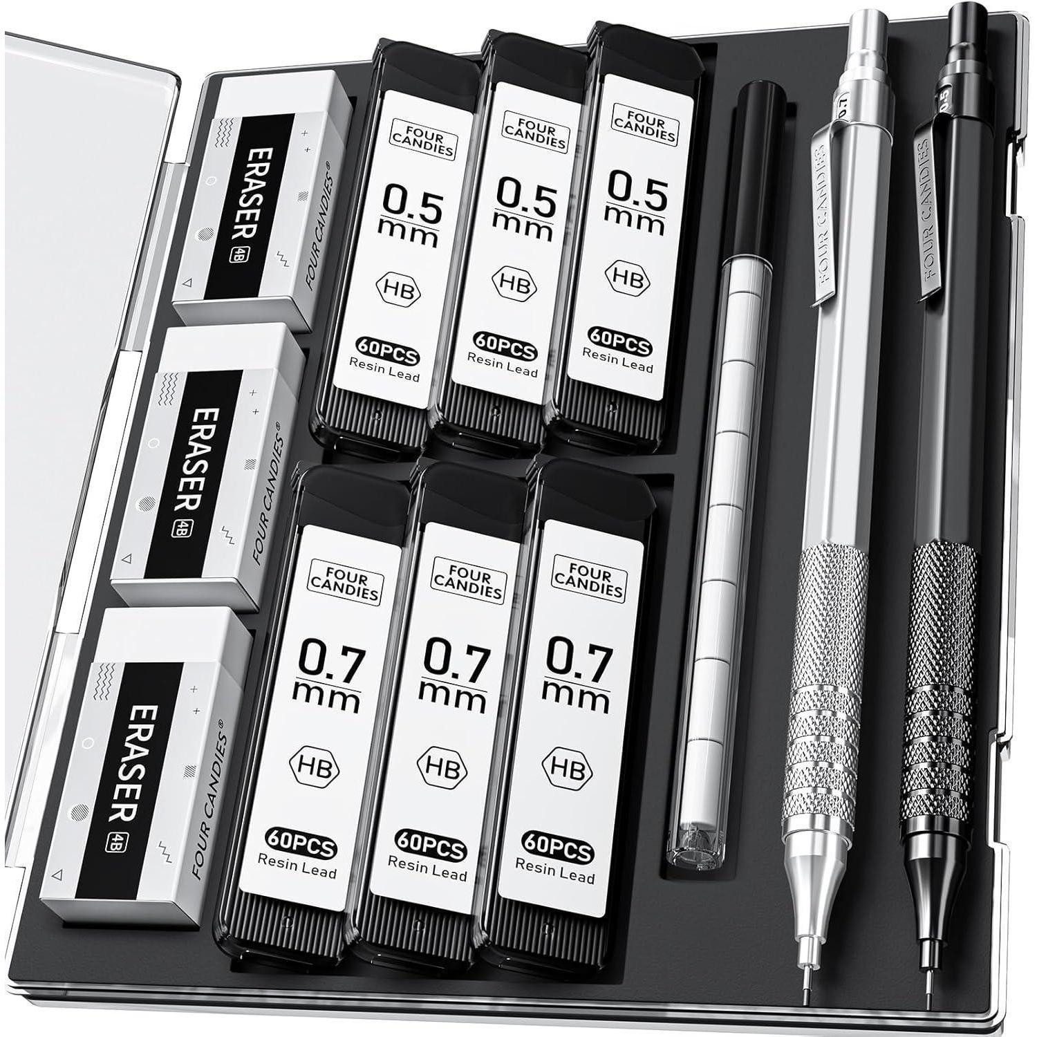 Four Candies Druckbleistift Metall Druckbleistifte Set mit 0,5 & 0,7 mm HB Mine, Radiergummis