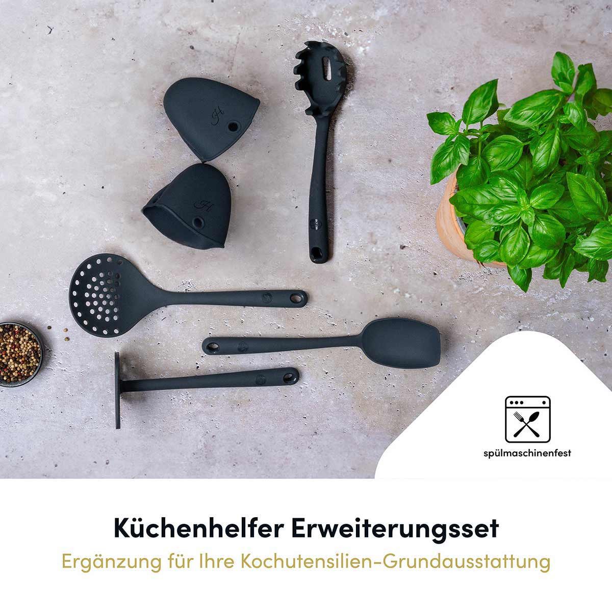 Hoffmann Germany Kochbesteck-Set 6-tlg. Erweiterungsset Stampfer Pastalöffel Silikon (Set, 6-tlg., 6-tlg.: Pastalöffel, Schaumlöffel, Stampfer, Soßenlöffel, Fingerschutz), Soßenlöffel, Schaumlöffel, Fingerschutz, spülmaschinengeeignet