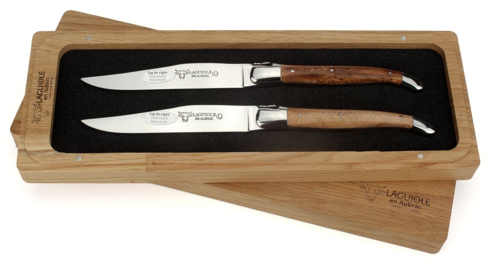Laguiole en Aubrac Steakmesser 22C99CVIH 2er Set - Griff Weinrebe - Backen glänzend - Klinge glänzend - Holzbox