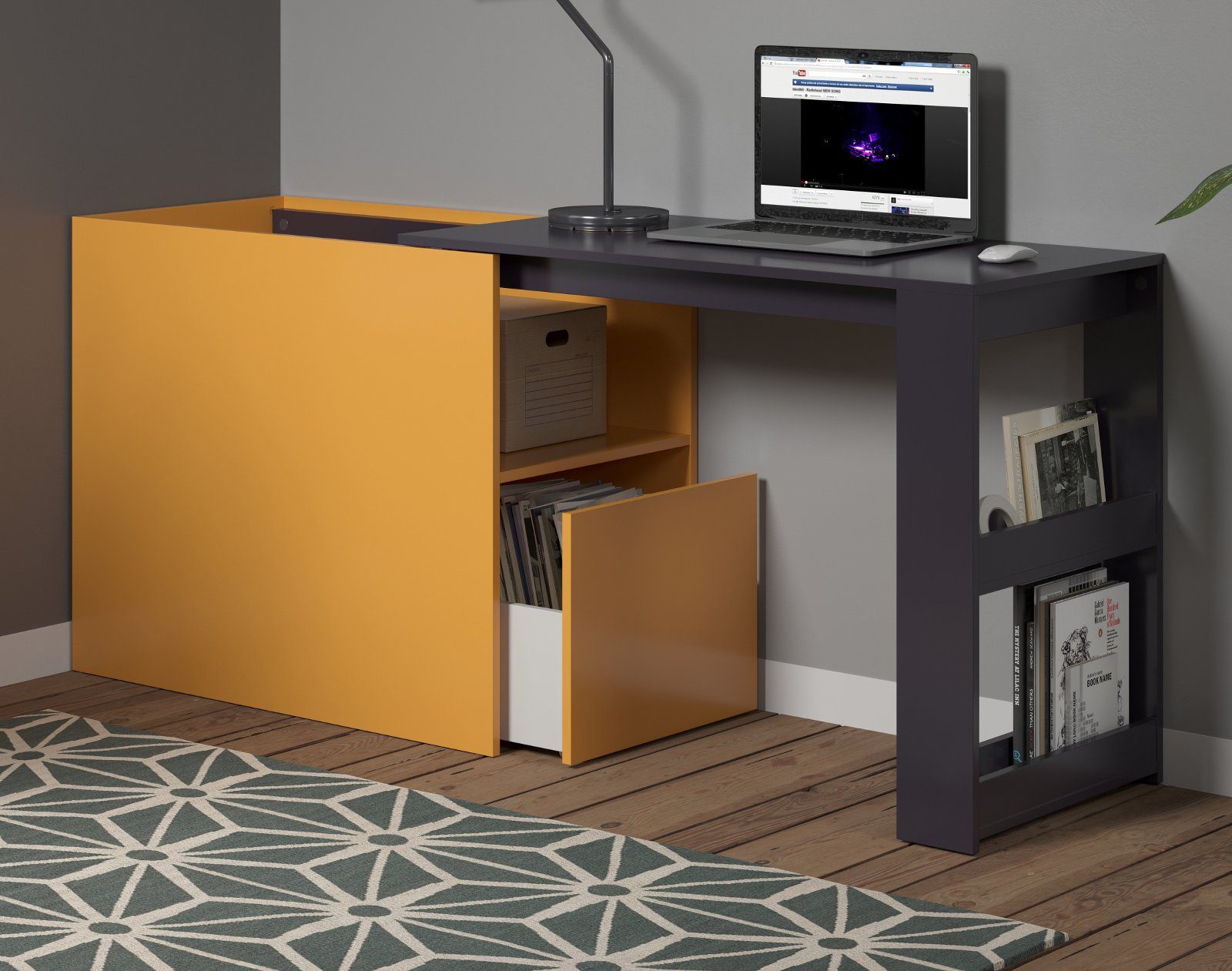 Furn.Design Regal-Schreibtisch Solution (ausziehbarer Laptoptisch in blau  und gelb, 100 bis 170 x76 x 50 cm), mit Stauraum